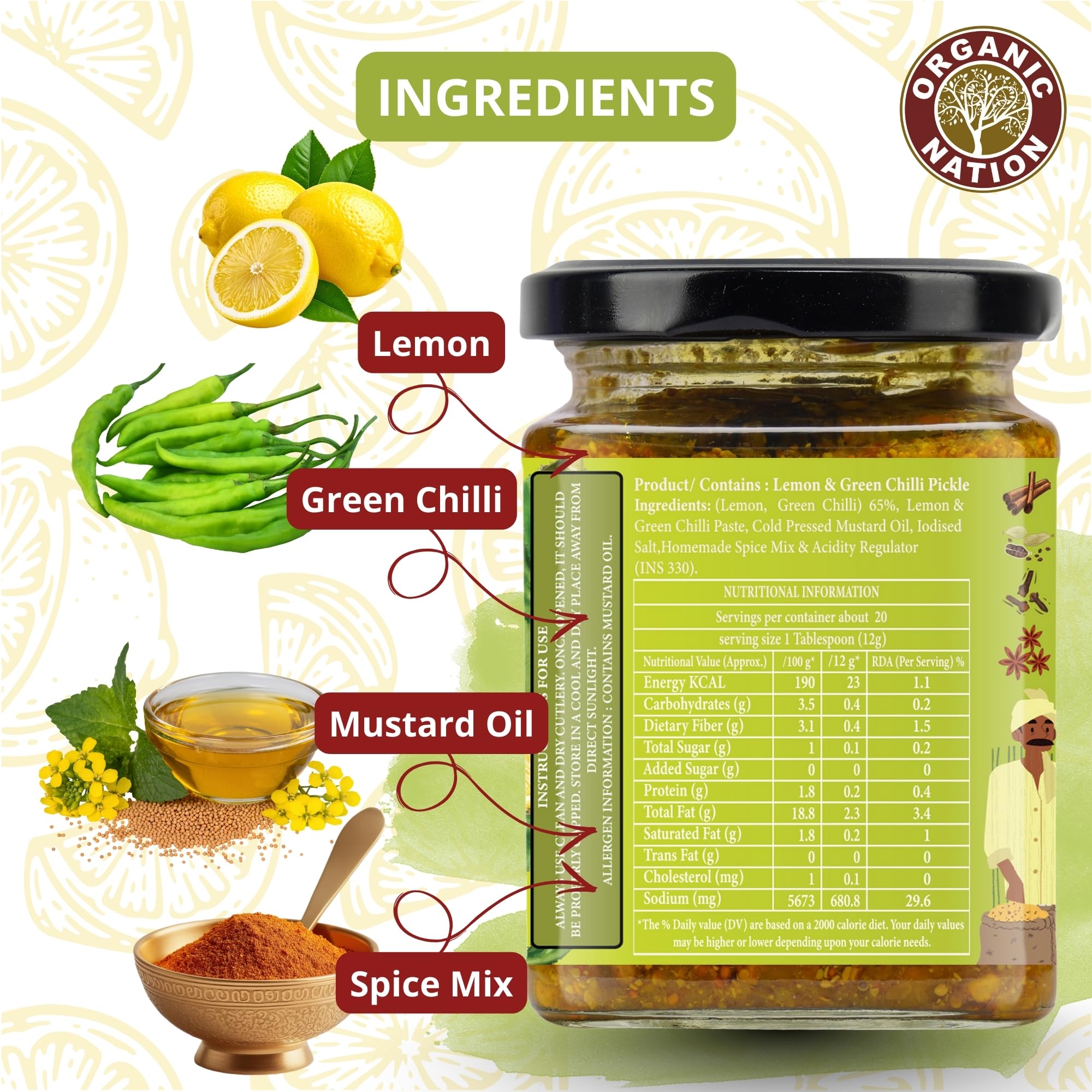 ORGANIC NATION Zesty Nimbu Mirch Twist Lemon Chilli Pickle, Authentic Indian Achaar, Lemon Green Chilli Pickle, Tangy & Spicy Delight, 250g Jar, Perfect for Enhancing Meals, Vibrant Green Color 3