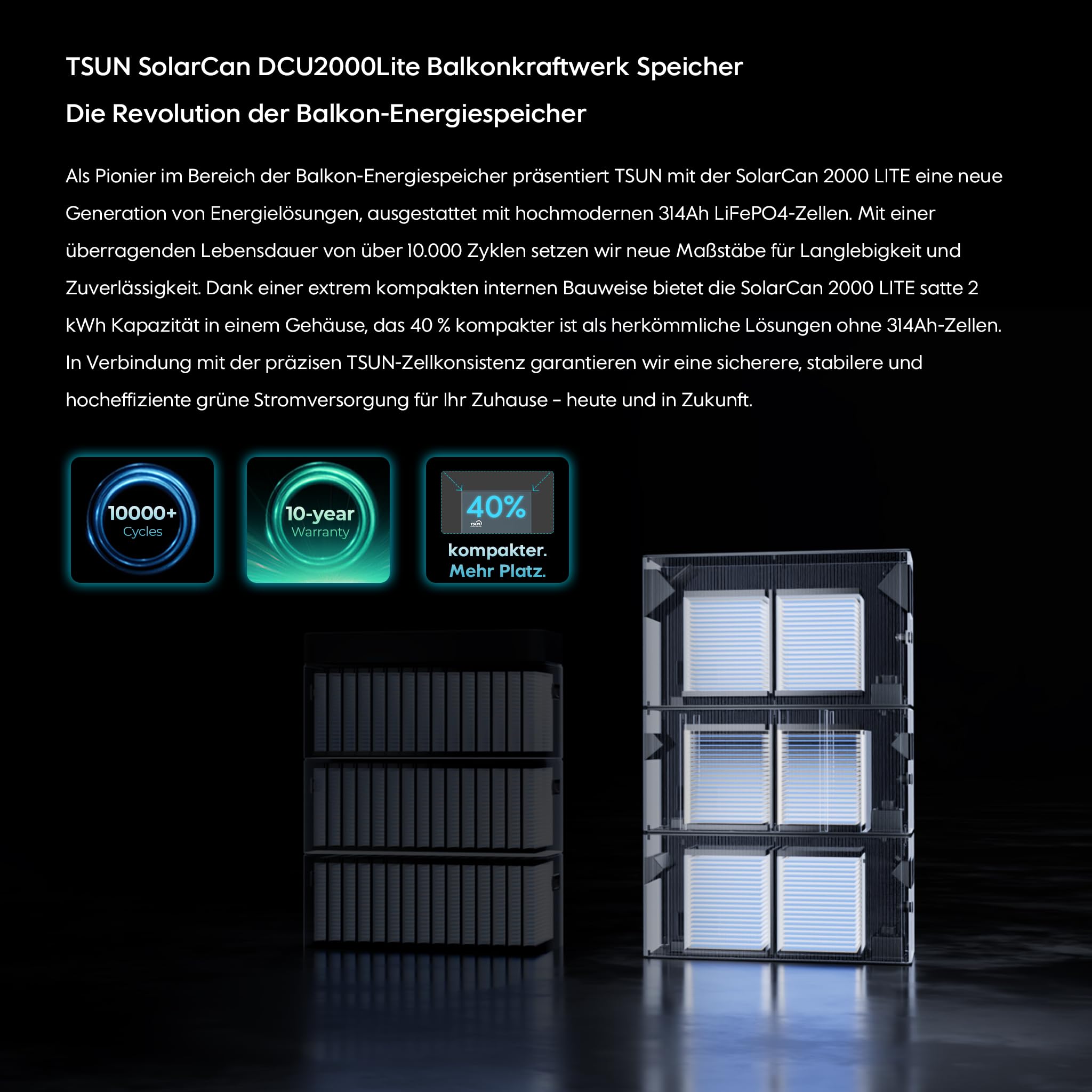 TSUN DCU2000Lite 2 kWh, Balkonkraftwerk Speicher mit 2400W PV-Eingang, 314Ah Industrie-Zellen, 10.000 Ladezyklen, 2 MPPT für bis zu 4 Solarpanels, bis zu 10 kWh Kapazität, IP65, Plug & Play (0 MwSt.)