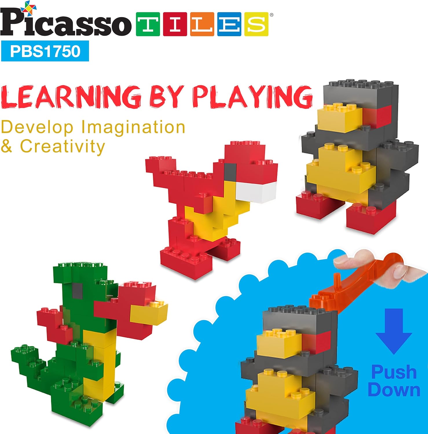 PicassoTiles 1750 PCS Building Block Tiles Creative Shapes to Enhance Imaginative Play Unique Set to Build Houses Numbers Animals and More Vibrant STEM Toys Washable for Learning Education Ages 3+
