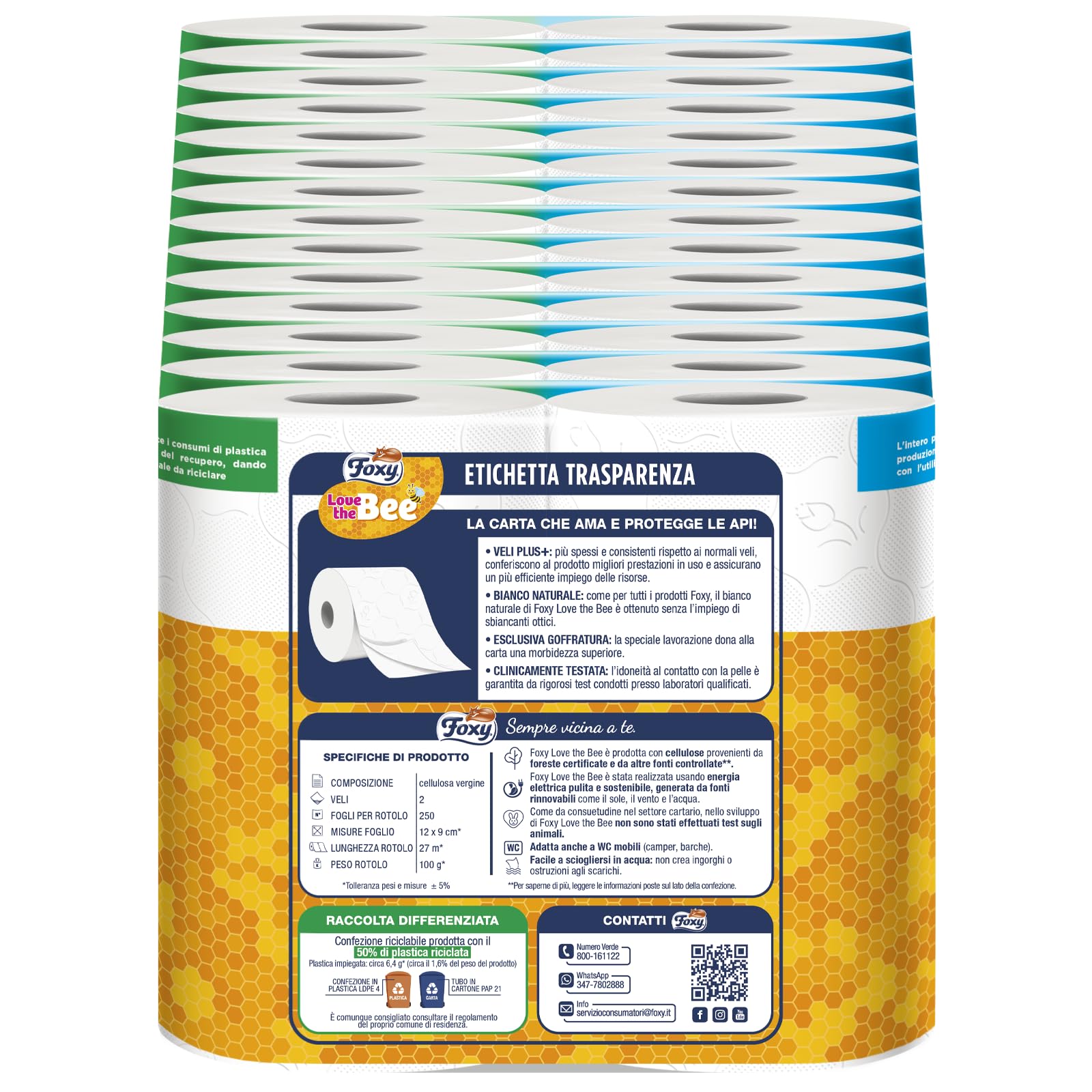Foxy Love the Bee | Carta igienica 56 rotoli da 225 strappi | 2 veli elevato spessore | FSC |100% Energia elettrica rinnovabile| Confezione riciclabile prodotta con plastica riciclata, 1 item