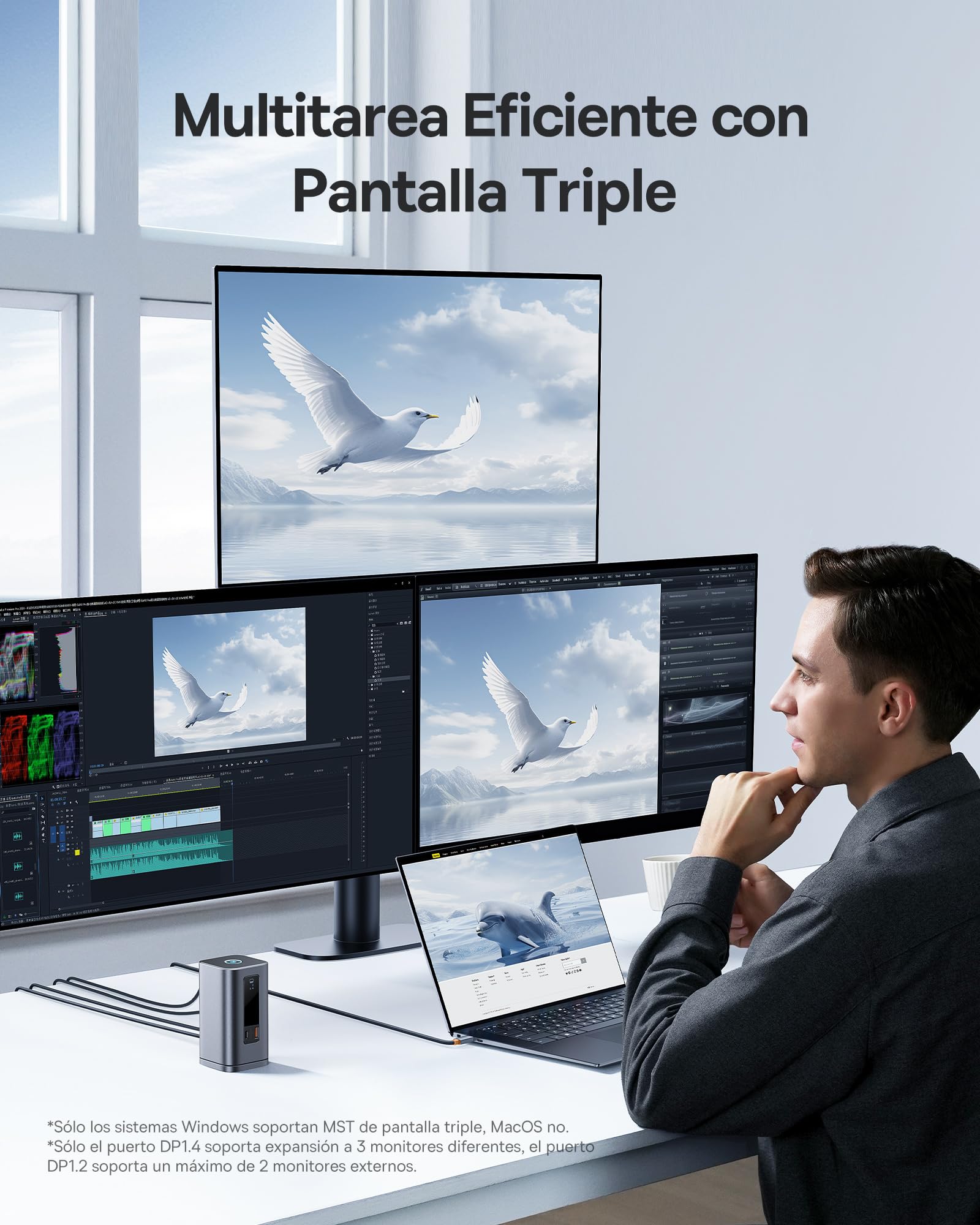 Baseus Spacemate 11 en 1 Docking Station 3 Monitores para Windows, con Pantalla Inteligente, 4K HDMI/DP, 10Gbps USB-C/A, 100W PD, Ethernet, Audio, Compatible con HP/Lenovo/DELL/Acer
