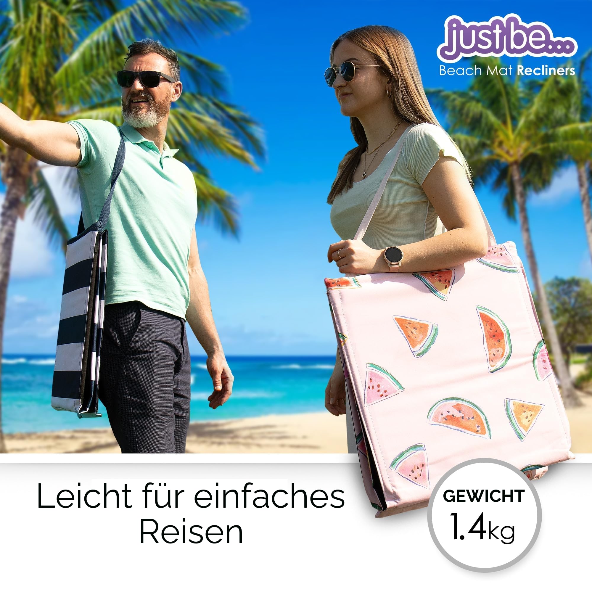just be... Strandmatte mit Rückenlehne klappbar – leichte, gepolsterte Strandliege faltbar mit Reißverschlusstasche & Schultergurt – ideal für Camping & Strand | Blau gestreift