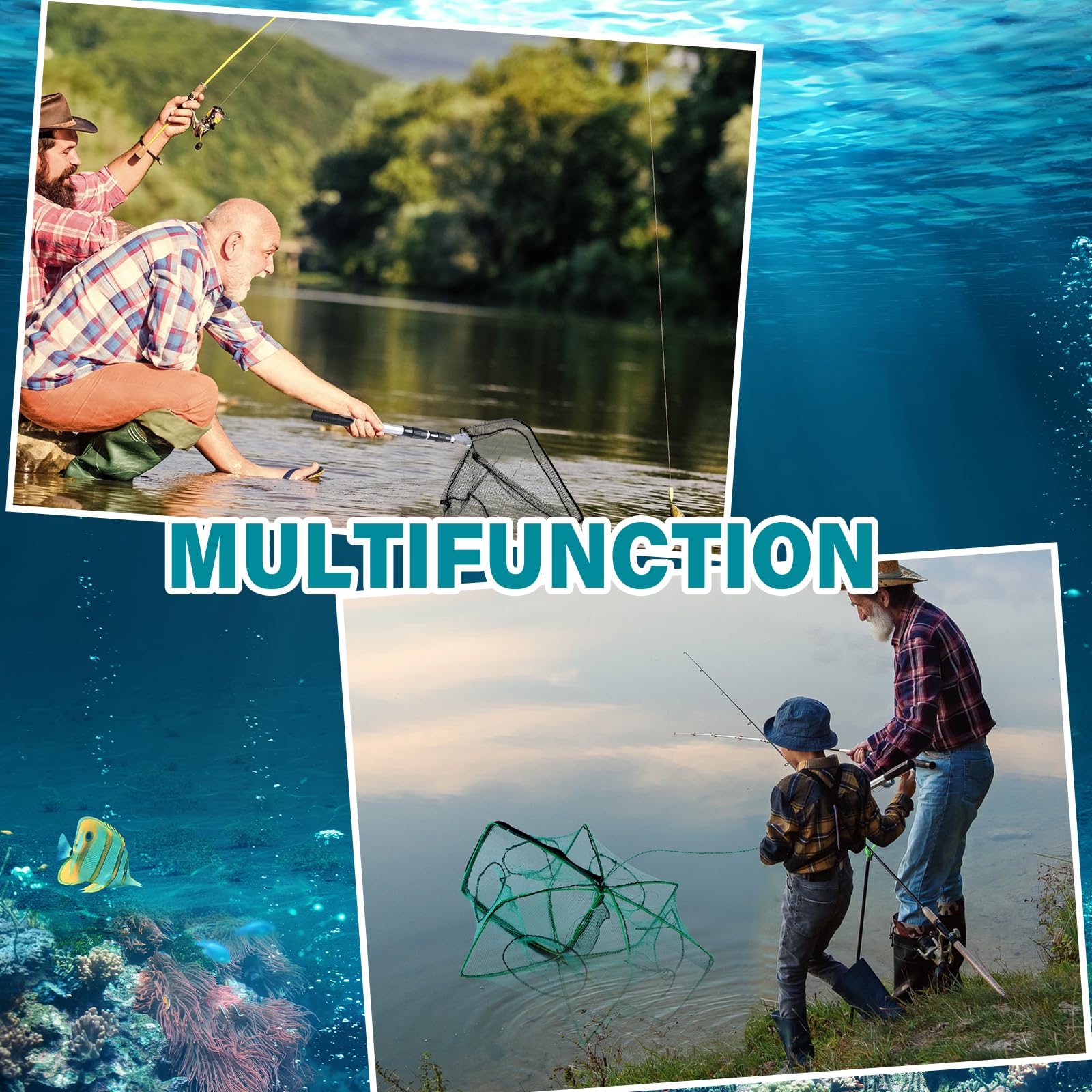 Windyun 3 redes de pesca plegables con mango telescópico, trampa de cangrejo hexagonal, trampa de cebo de pesca hexagonal con cuerda y bolsa de señuelo para cangrejo y camarones