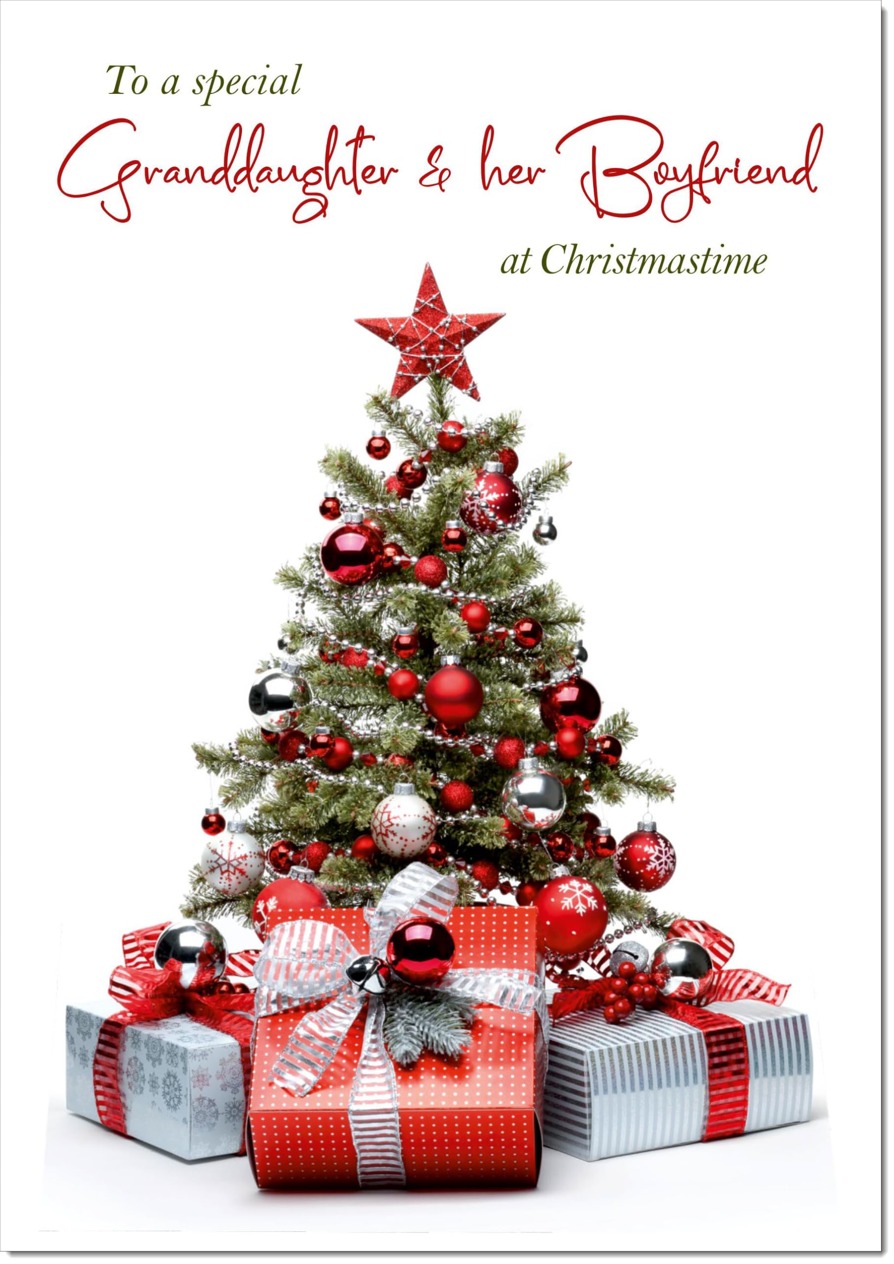 doodlecards Granddaughter and Boyfriend Christmas Card Christmas Tree and Parcels Large A4 Size Christmas Card for Granddaughter & Boyfriend with Plain Envelope — image 1