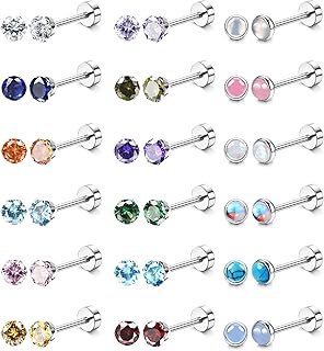 18 Pairs Flat Back Stud Earrings Surgical Steel Comfy Nap Earrings for Women Small Tiny Stud Earrings Opal CZ Moonstone Tragus Helix Cartilage Screw Back Earrings Set for Women Men 20G
