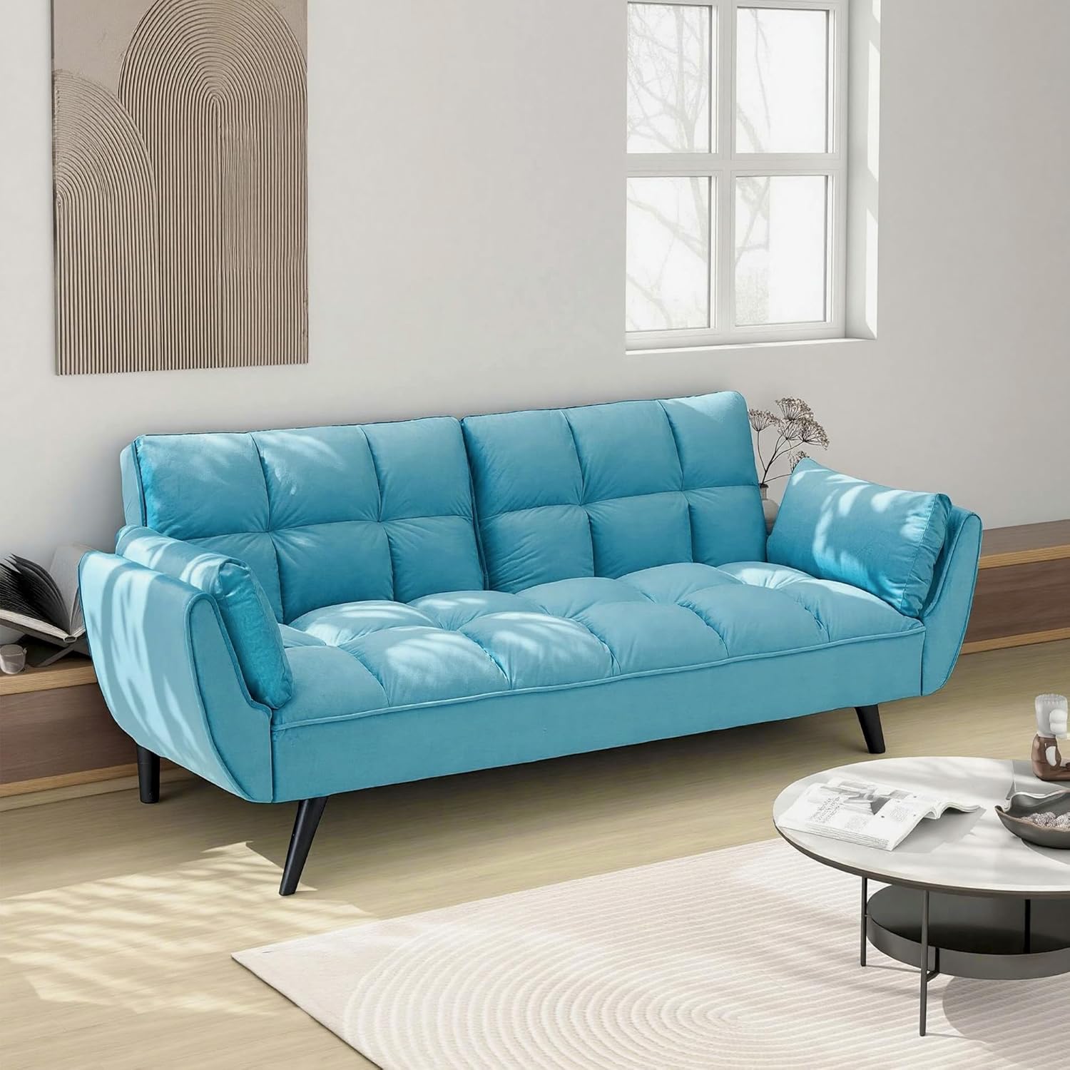 Convertible Folding Sofa Bed Futon,Modern Velvet Sleeper Bed Couches with 4 Adjustable Backrest Armrest,74"Comfy Recliner Sofa Loveseat with Chrome Legs for Living Room Apartment Small Home (Blue)