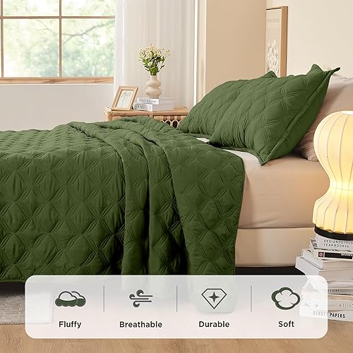 Miniatura 5 de Litanika Juego de ropa de cama extragrande tamaño King, 128 x 120 pulgadas, colcha ligera de color verde oliva, colcha bohemia para todas las