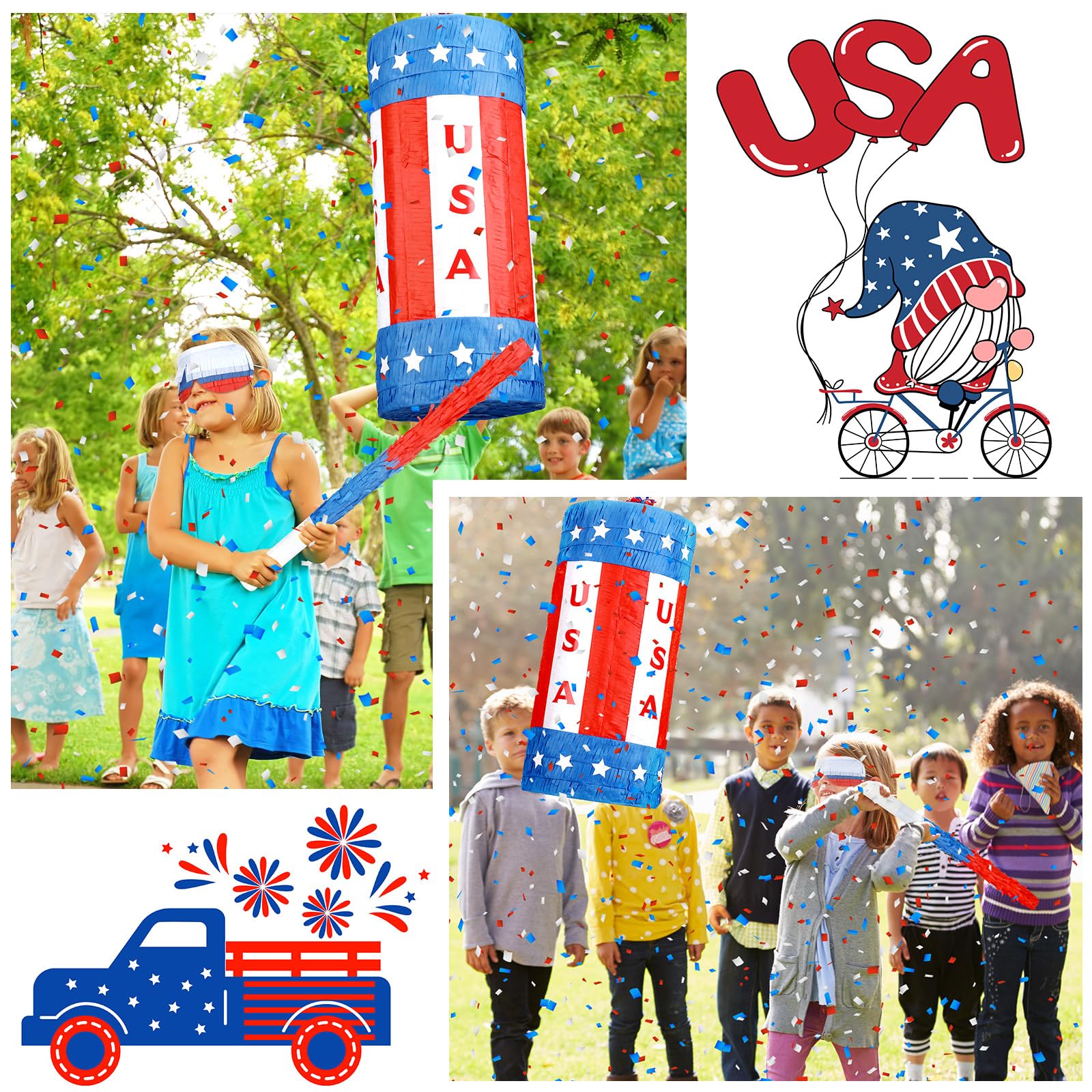 Piñata patriótica de petardo del 4 de julio de 17 pulgadas, Día de la Independencia, piñata roja, blanca y azul con palo y confeti para niños y adultos, decoración de fiesta del Día de los
