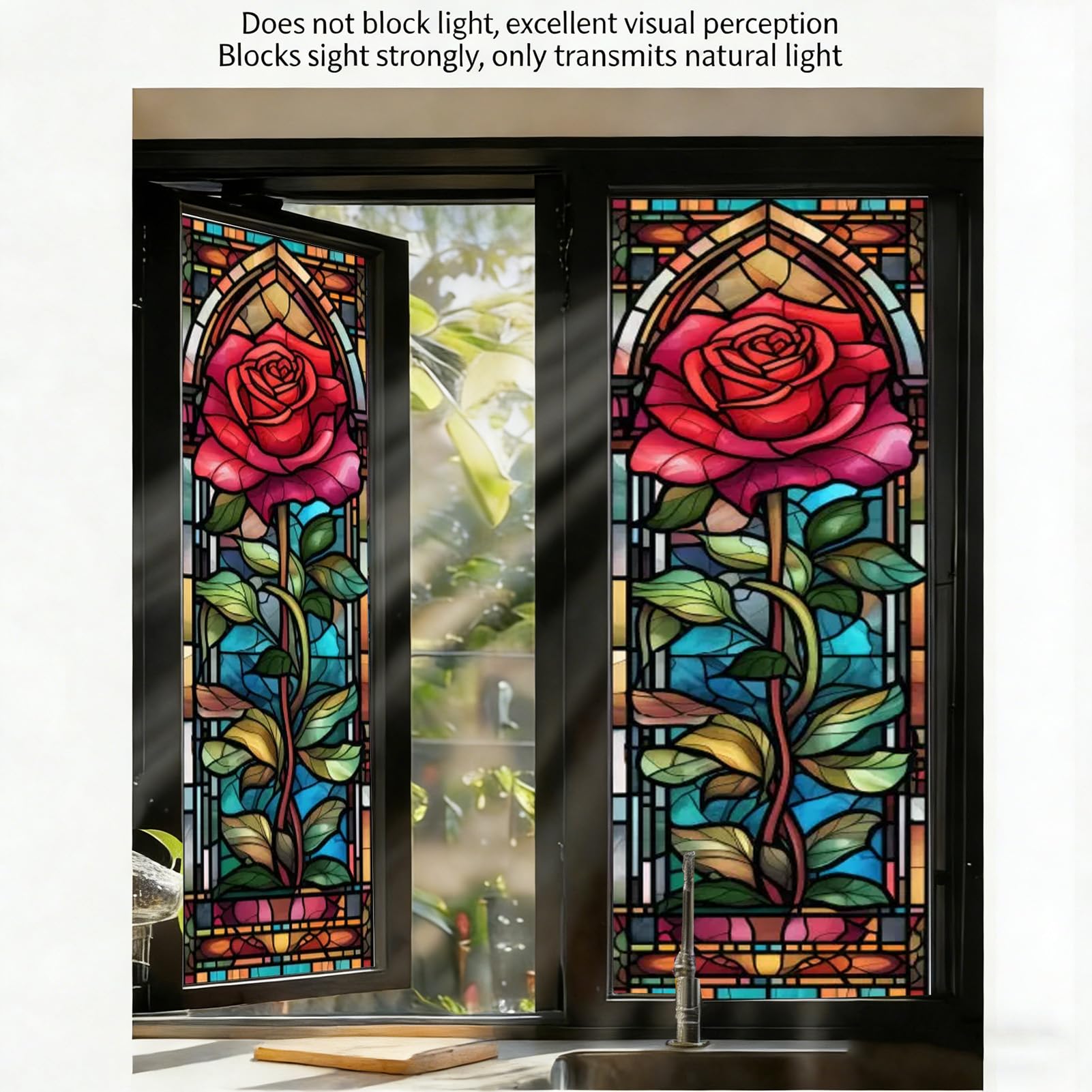 Wiederverwendbare Retro Fenster Sichtschutzfolie mit Buntglas Aufkleber im Gotik Stil Motiv die rote Rose statisch haftend Dekor für Fenster und Türen im Homeoffice,Color 9,60x100cm