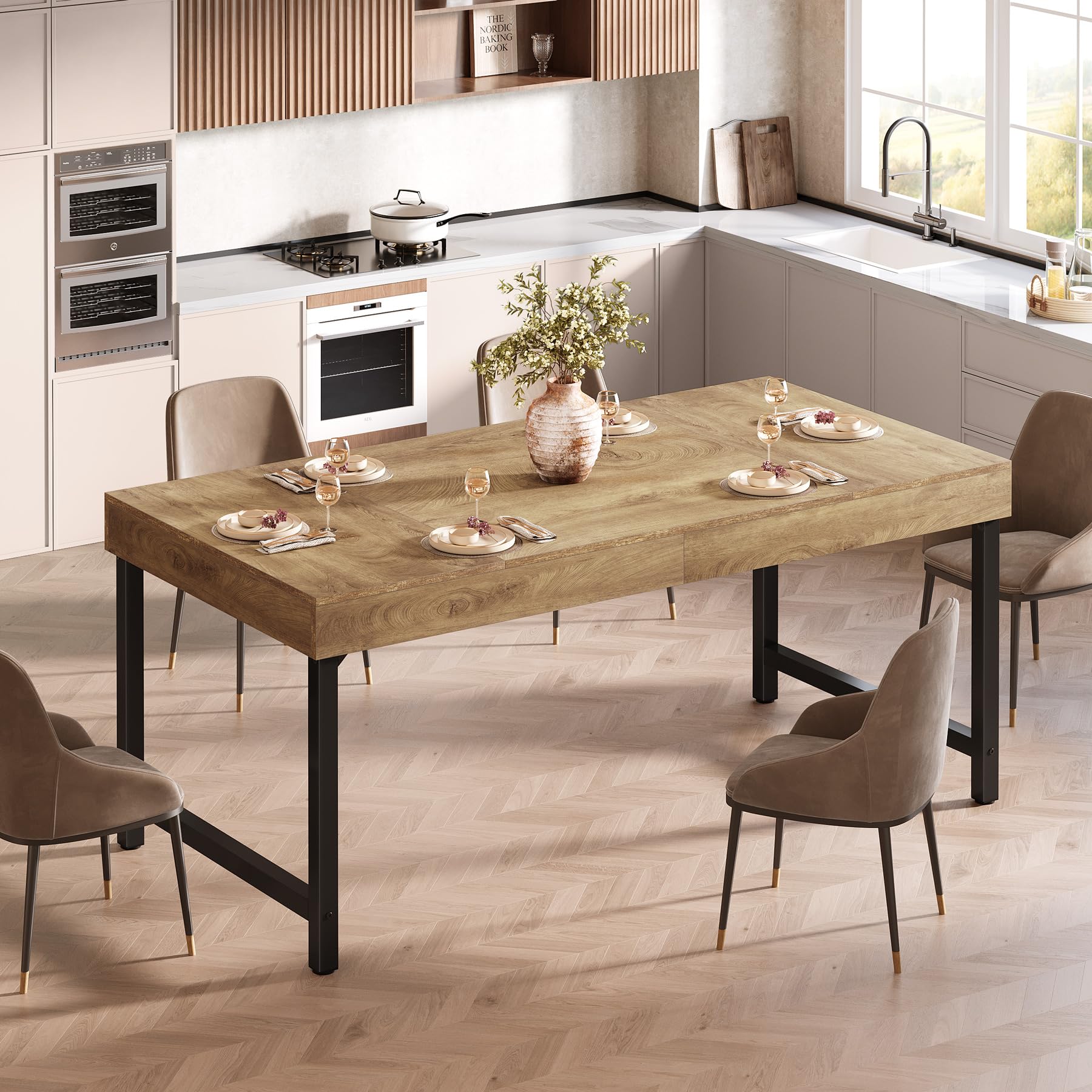 Tribesigns Tavolo da pranzo per 4-6 persone, 140 cm, industriale, rettangolare, con gambe in metallo resistente, per casa, sala da pranzo, piccoli spazi, marrone rustico