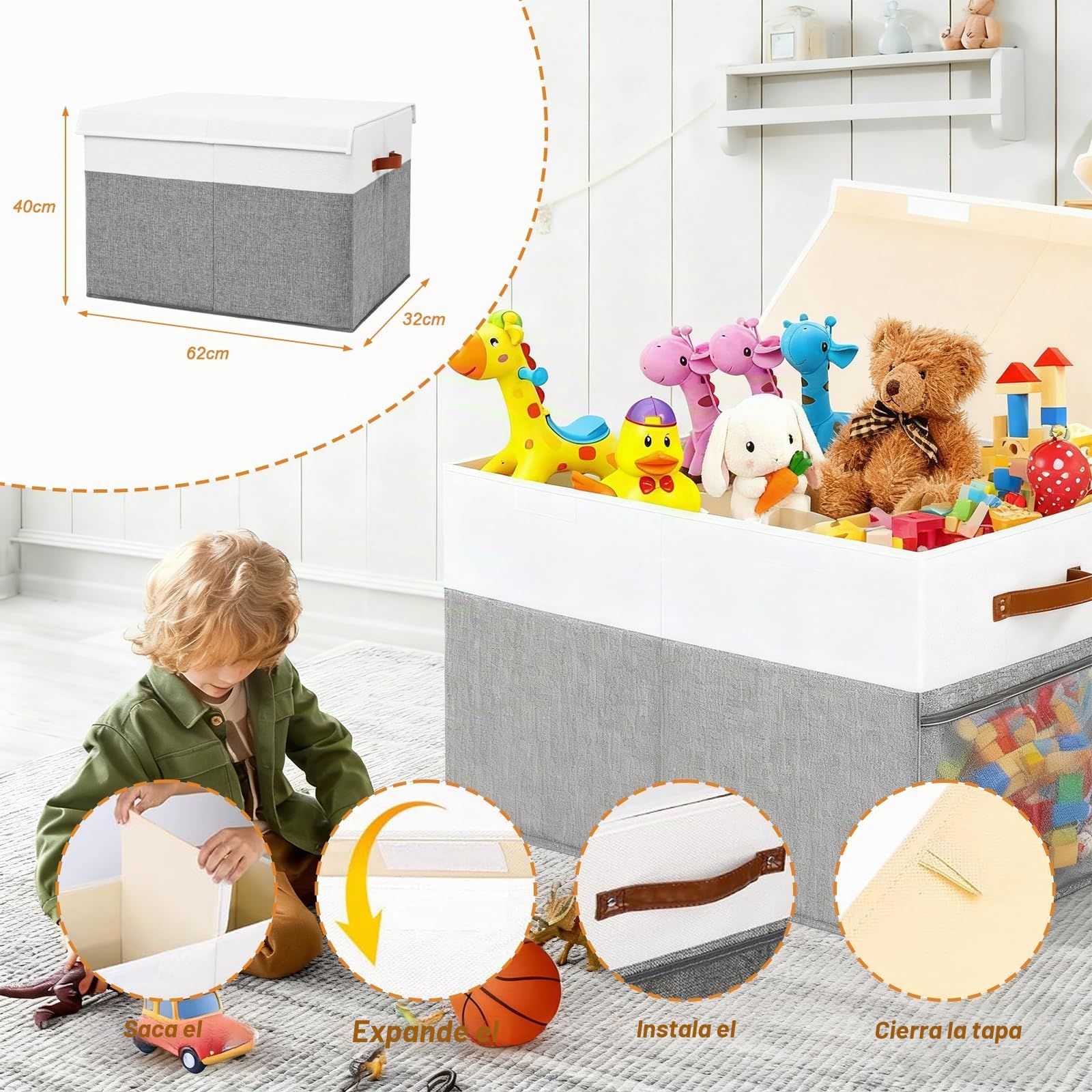 Caja Almacenaje Juguetes con Tapa, Gran Caja de Almacenamiento Plegable para Niños 62x32x40 cm con Asas y Divisor Extraíble, Organizador Almacenaje Juguetes Infantil para Habitación, Grey