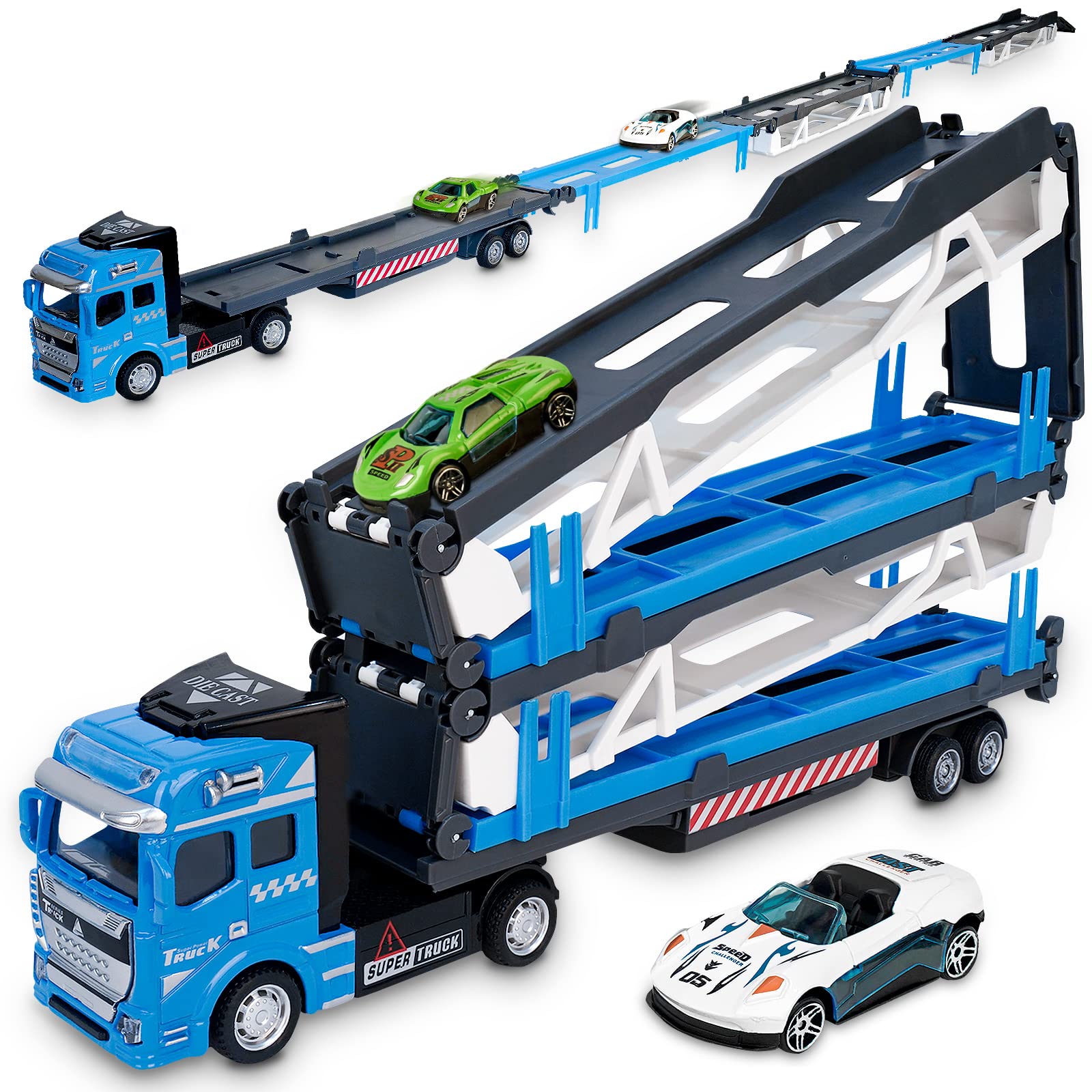 Crelloci Race Car Carrier Transporter Truck Toy Diecast Pull Back Mega Hauler Truck with Race Track Kids Play Cars Set for Over 3 Years Old Boys Girls