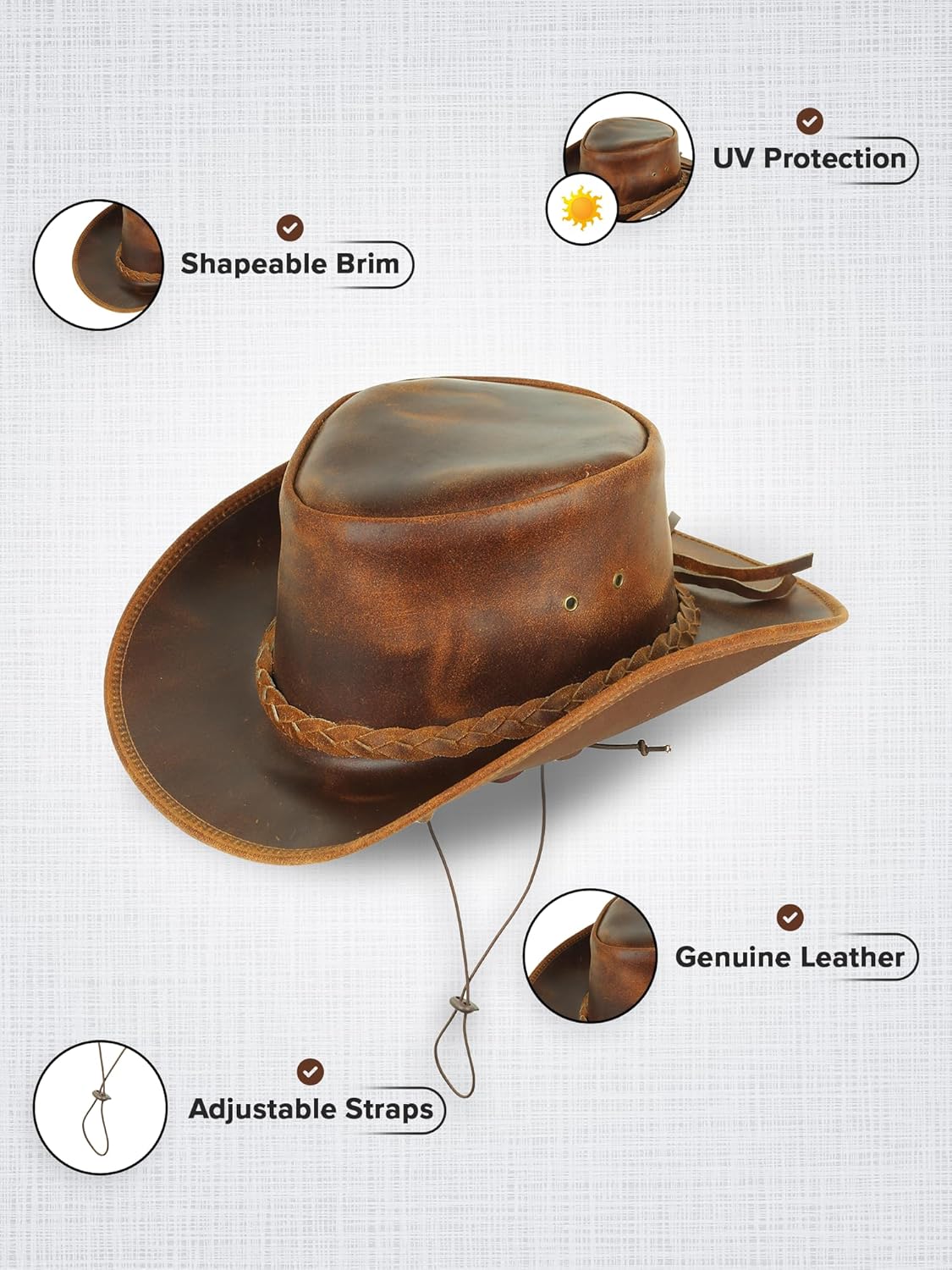Genuine Leather Cowboy Hat for Men & Women – Western Outback Hat with Chin Strap & Sun Protection - Image 3