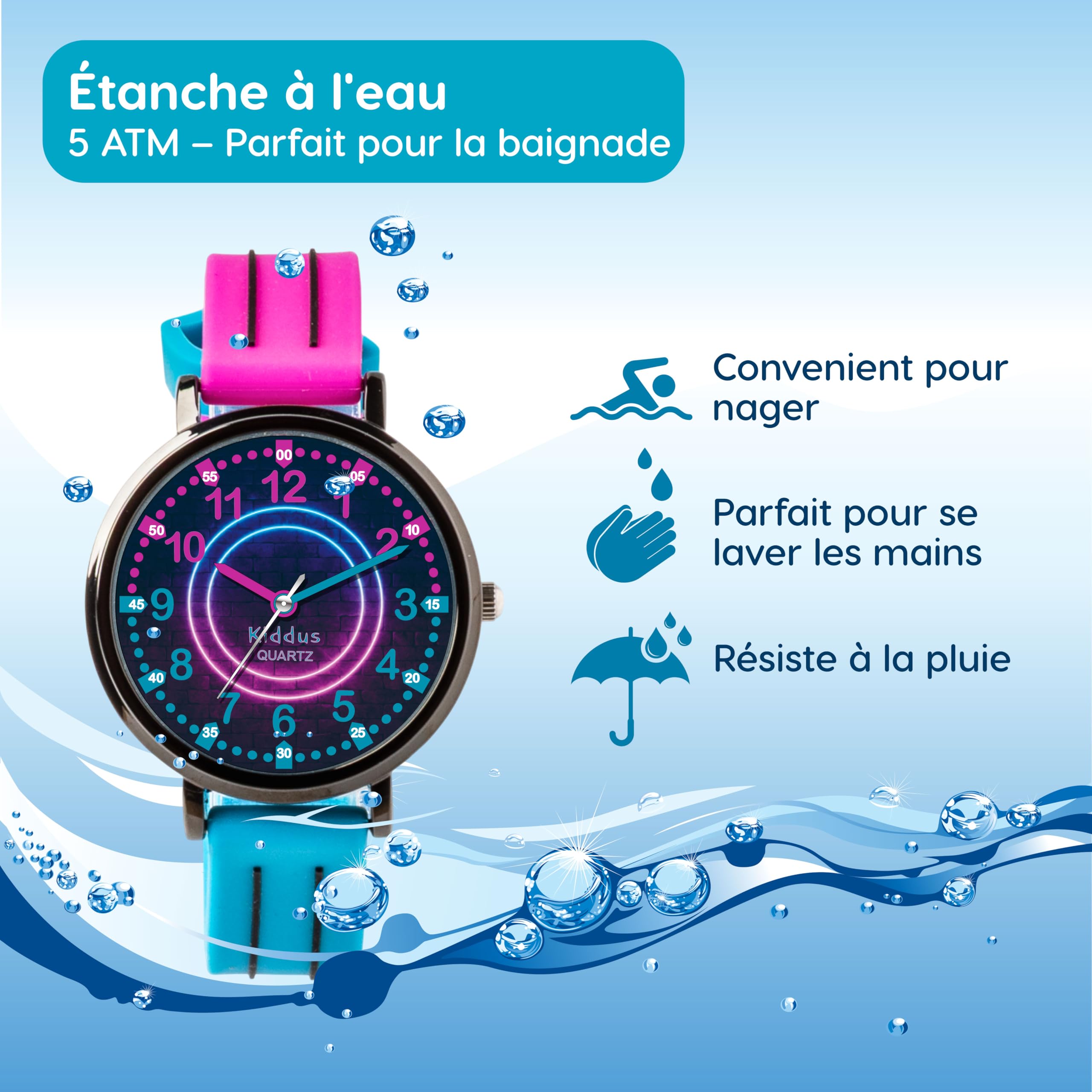 Kiddus Montre Éducative pour Enfants, Montre Bracelet Analogique pour Garçon et Fille à partir de 5 Ans, Waterproof 5ATM, Première Cadeau Apprentissage pour Enfant