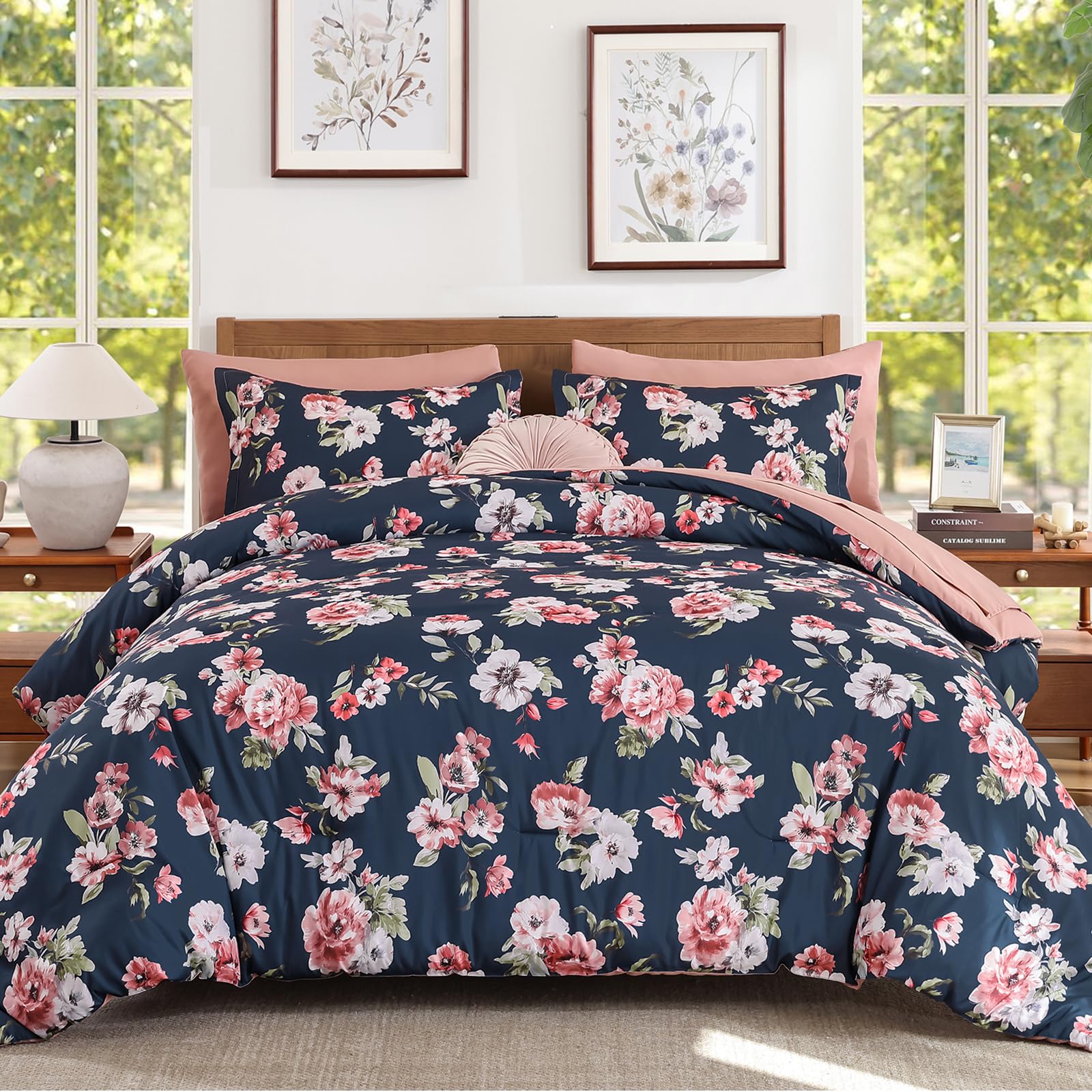 Comforter Set King Size Floral, 7 Piece Navy Blue Pink Bedding with Sheet Elegant Bed in a Bag with Botanical Flowers Lightweight Plant Comforters Modern Decor for All Season