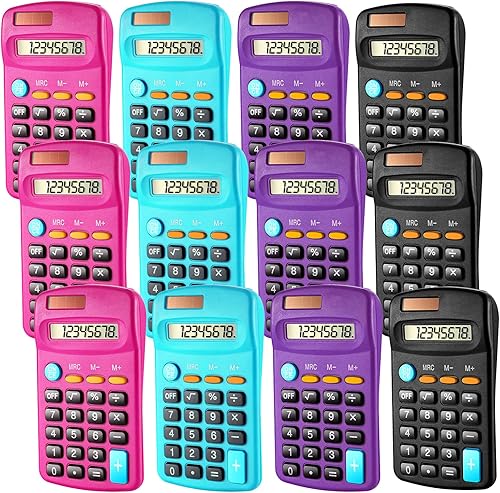 Paquete de 12 mini calculadoras básicas de tamaño de bolsillo para estudiantes, pantalla de 8 dígitos, batería solar de doble potencia, escritorio