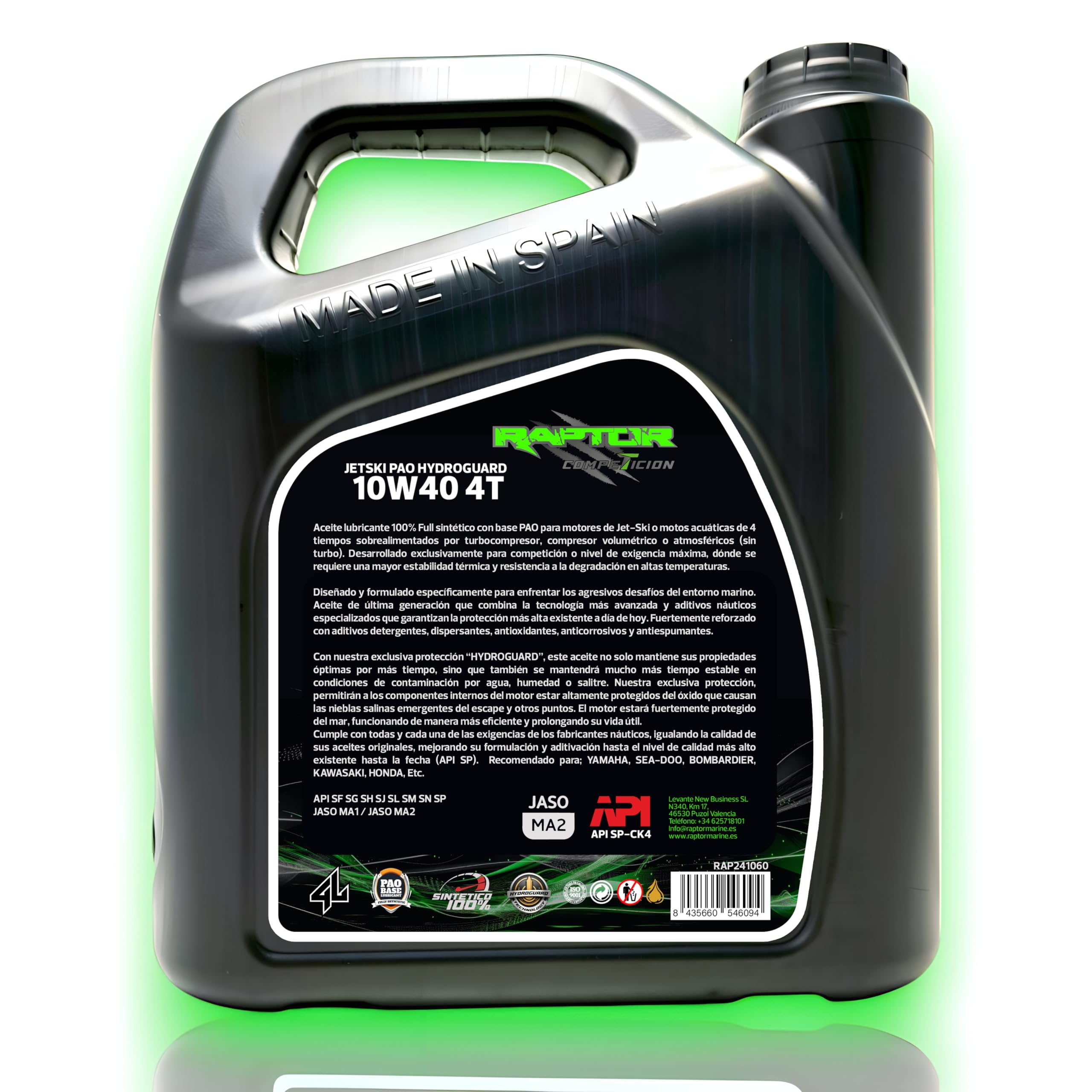 Raptor Marine - Aceite Jet Ski 10W40 PAO 100% Sintético Hydroguard | 4L | Moto de Agua PWC 4T | Alta Temperatura | Anticorrosión | API SP, JASO MA2