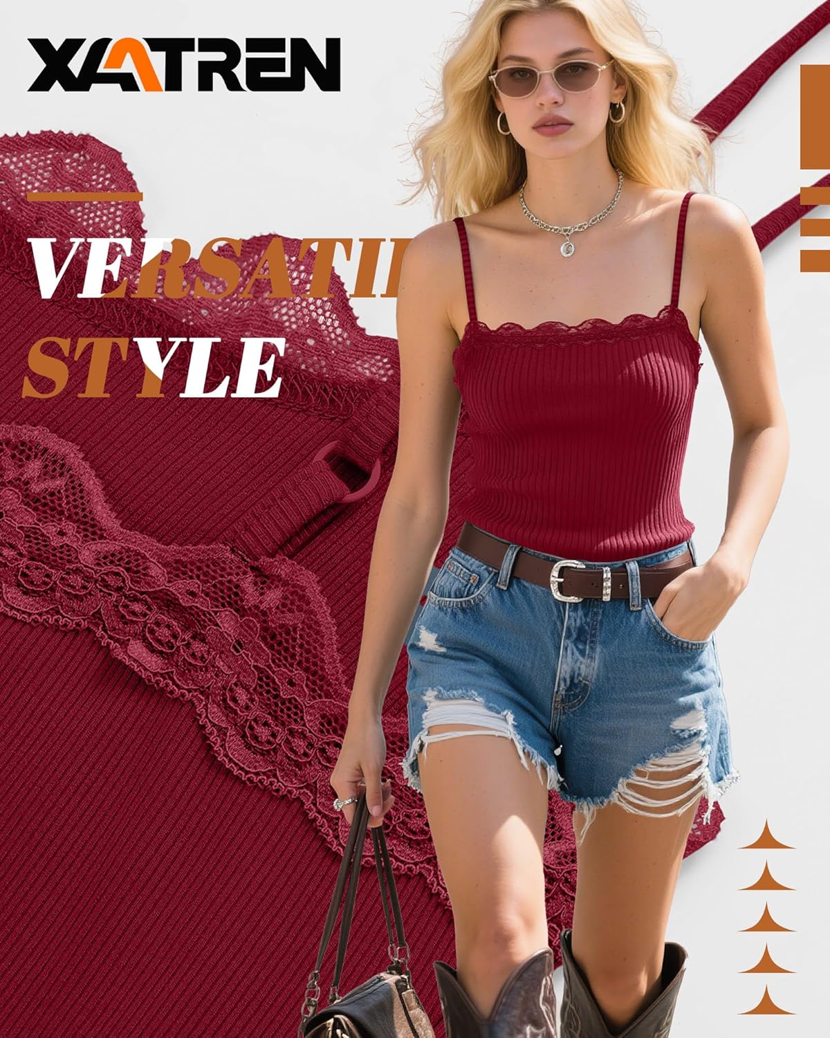 3 Pcs Women's Camisole Tank Tops Lace Trim Boat Neck Ribbed Adjustable Spaghetti Strap Y2K Slim Tight Cami Shirts(Black, Navy Blue, Wine Red,Large) - Image 2