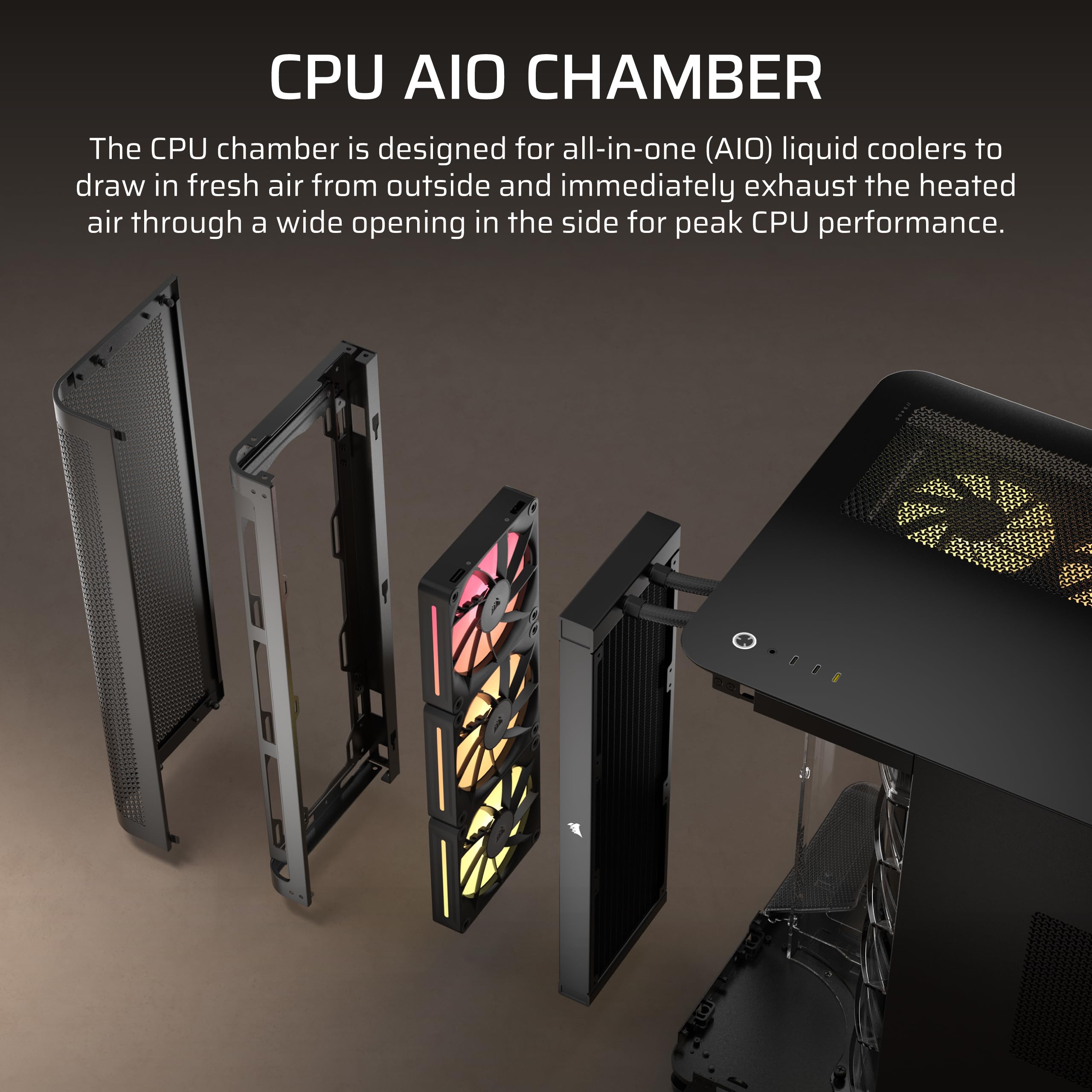 CORSAIR AIR 5400 LX-R RGB iCUE LINK trzykomorowa obudowa Mid-Tower Panoramiczna PC – 3 x wstępnie zainstalowane wentylatory LX-R RGB z odwróconym wirnikiem, niski poziom hałasu, kanały o wysokim