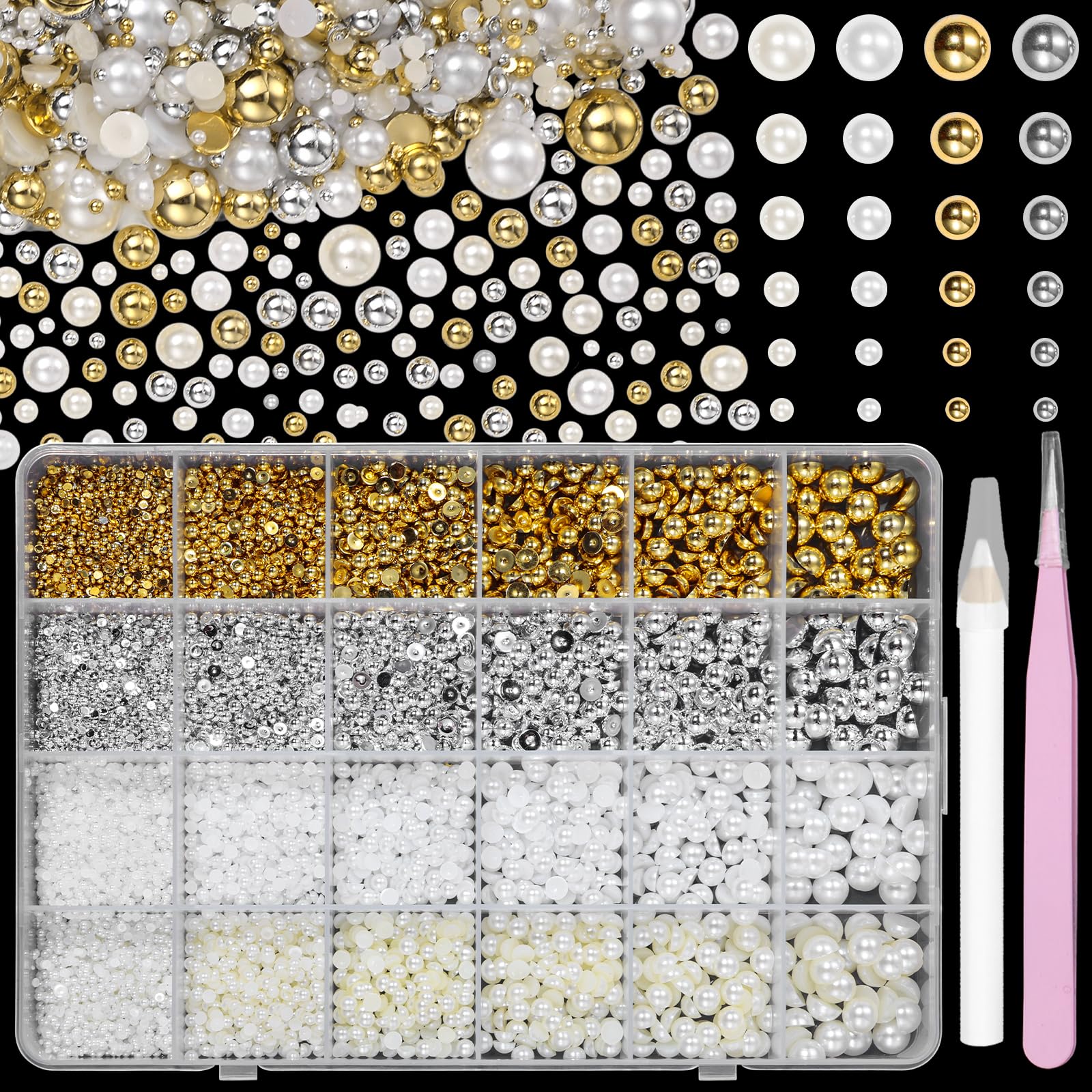 9000 Pcs Gold Silver Half Pearls for Crafting, 2-8 mm Luxurious White Beige Flatback Nail Pearls, Gems for Nails ABS Half Round Plastic Beads Nail Pearl for DIY Jewelry Face Makeup-image-18