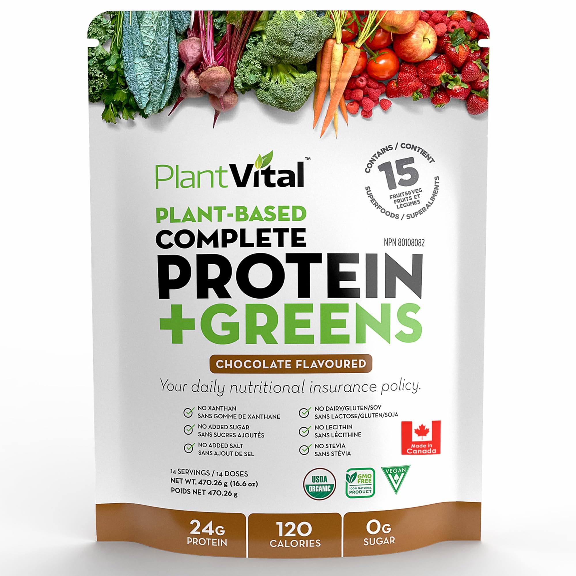 PlantVital Vegan Chocolate Protein Powder - Made in Canada - 15 Green Superfoods, Chocolate Greens powder - Spirulina, Kale, Beets - Organic, Non-GMO, Gluten-Free - 14 Servings -1 Pouch