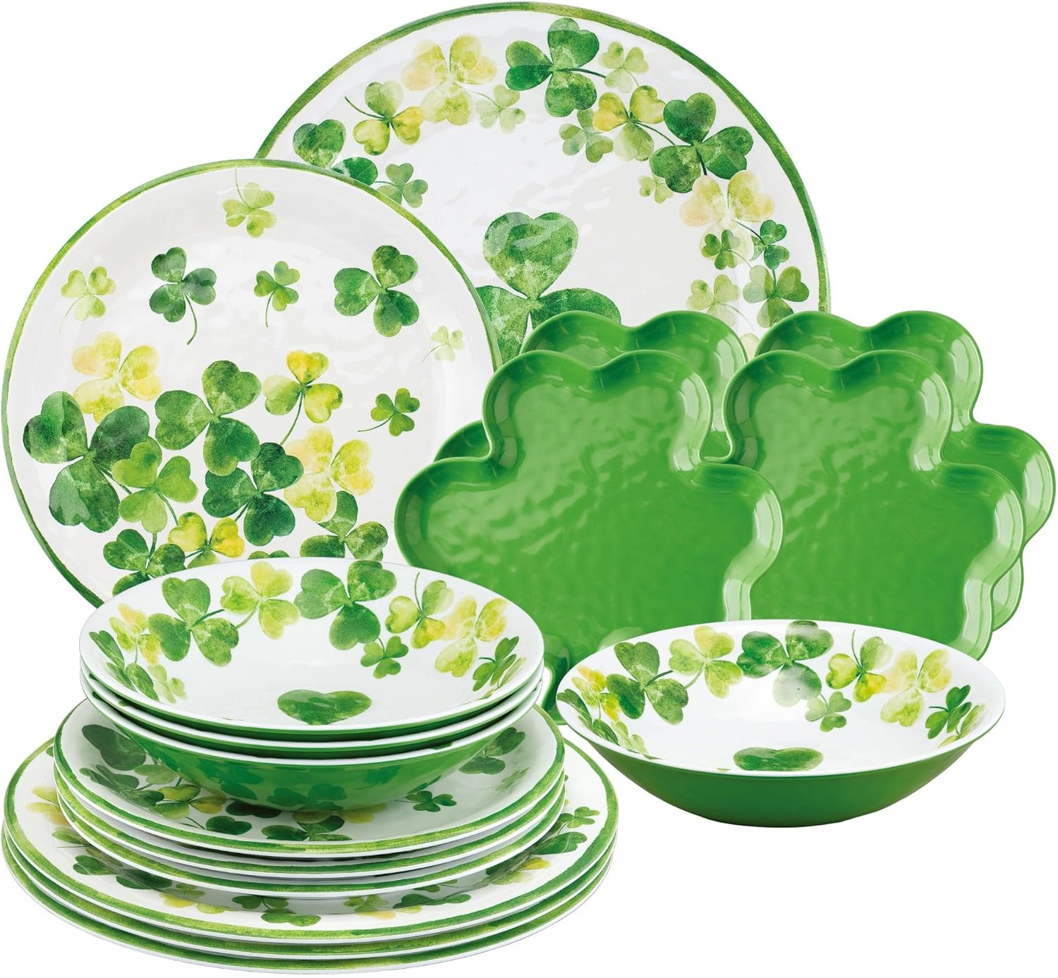 UPware 16 Piece Shamrocks Melamine Dinnerware Sets, Outdoor Dishes Set, Plates and Bowls Sets, St. Patrick's Day Decorations, Service for 4, Green