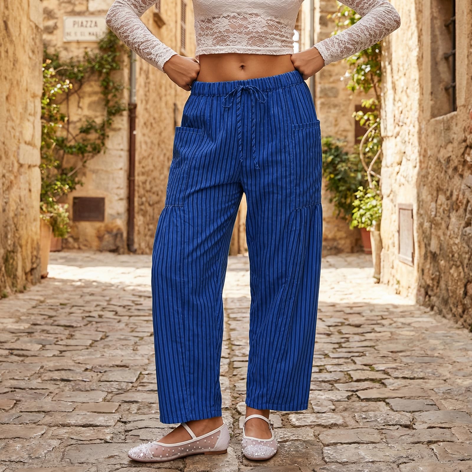 Sexy Outfit Pantalon Sarouel rayé en Coton et Lin pour Femmes, Ample, Jambes Larges, Cordon de Serrage, Pantalon de Plage avec Poches, vêtements de détente d'été