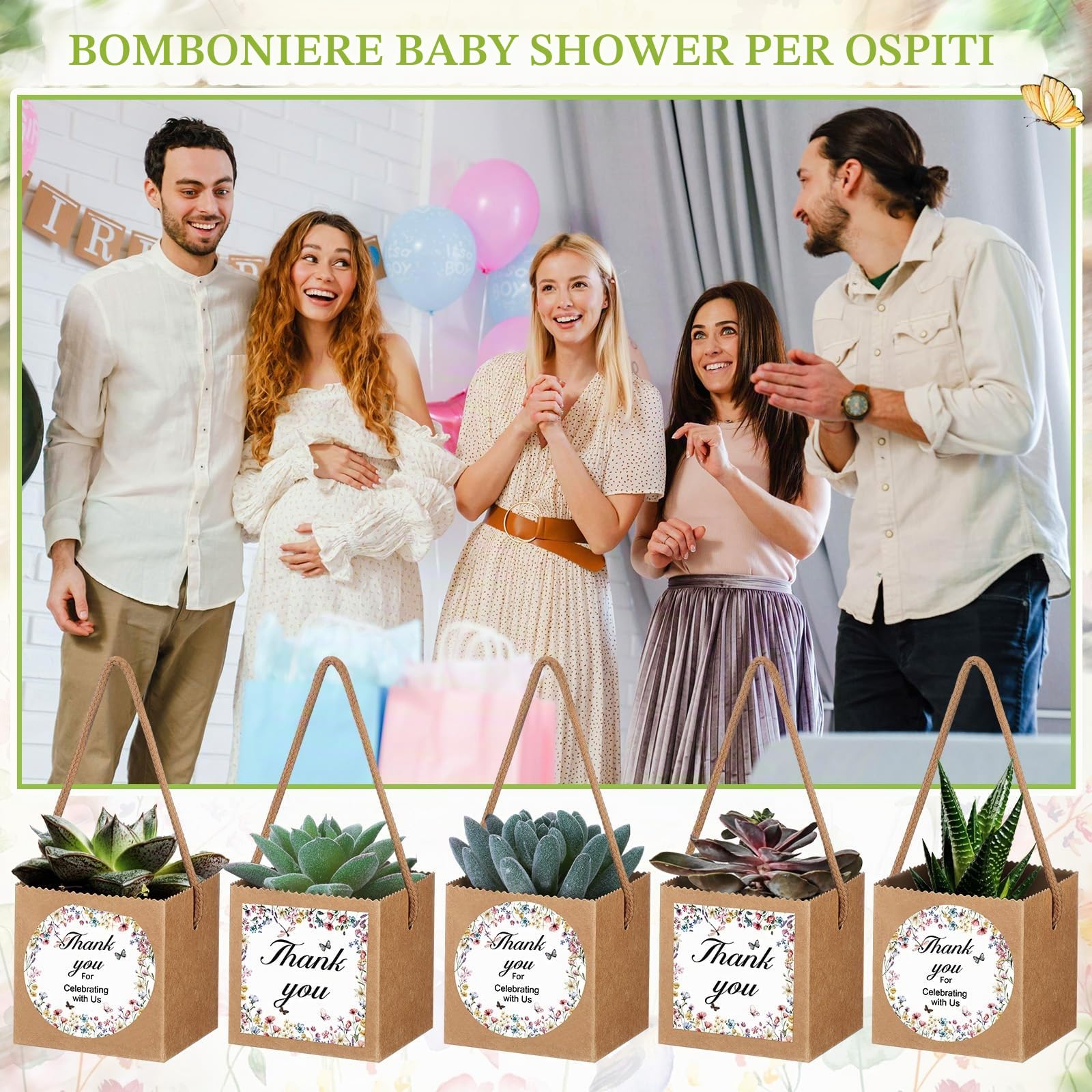 Faccito Set di 60 Sacchetti Regalo per Piante Succulente con Adesivi di Fiori Selvatici, Scatola Regalo per Piante in Carta Kraft con Manici, Adatta per Vasi da 6,35 cm, Ideale per Doccia di Benessere