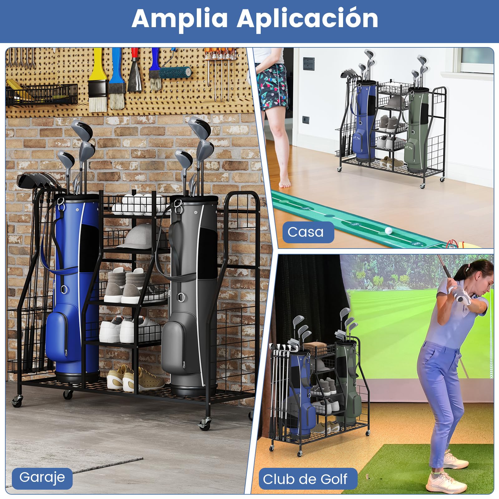 COSTWAY Organizador de Almacenamiento para Bolsas de Golf, Soporte para 2 Bolsas de Golf y Accesorios, Estante de de Metal con Soporte Removible para Palos de Golf y Ruedas para Garaje, Club