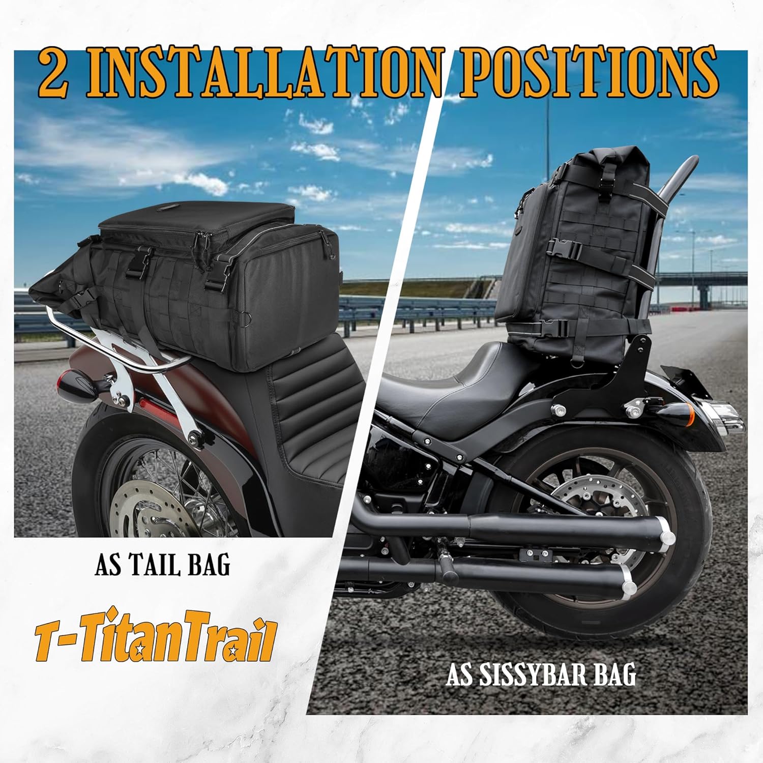 Motorcycle Sissy Bar Bag Tail Backrest Luggage Bag 51L Backpack Duffle Gear for Touring Camping Trip Travel Outdoor with Raincover and 1 Shoulder Strap, Black