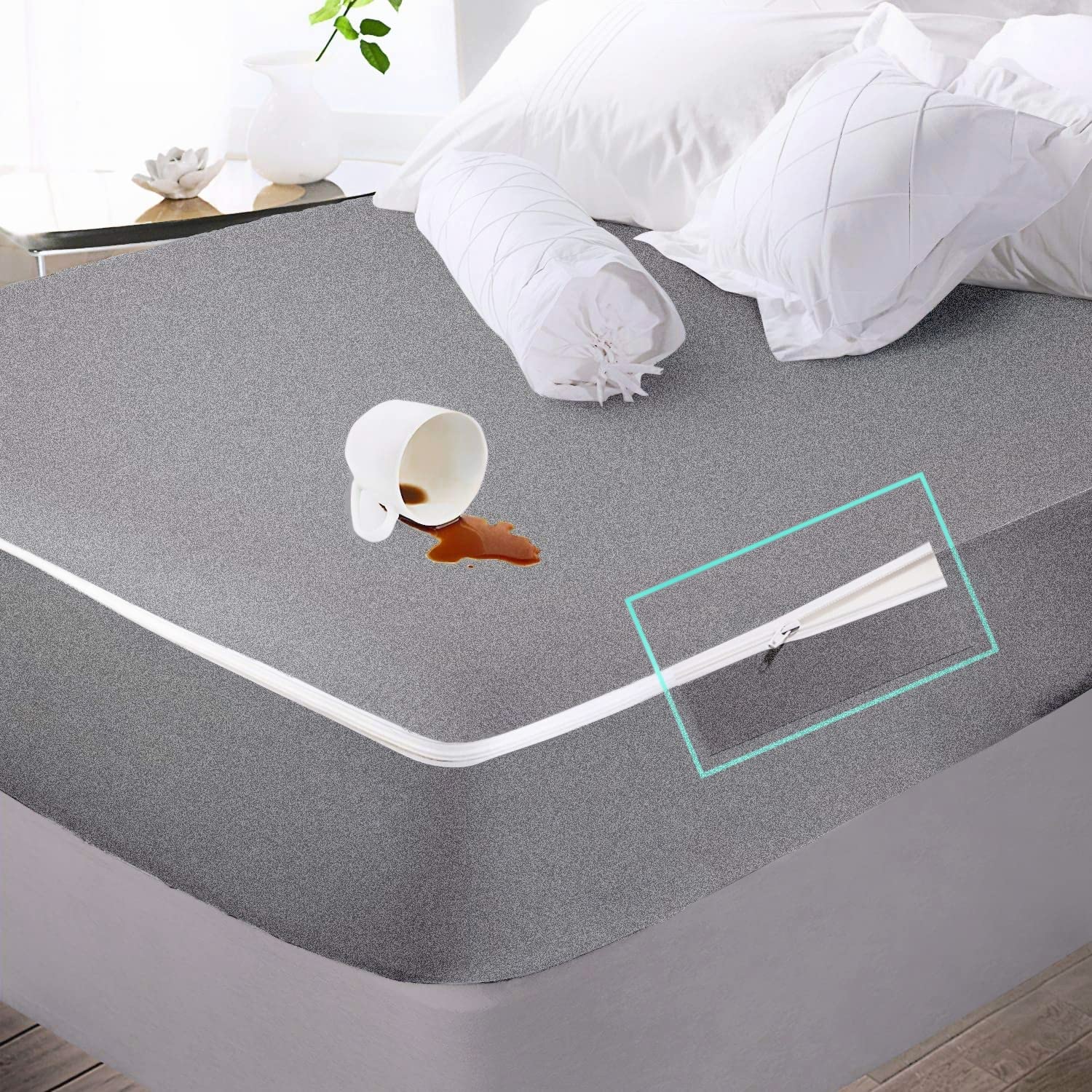 trance home linen all six side 100% waterproof king size cotton terry zippered chain mattress protector | 360° bed bug protection-dust mite proof-waterproof bed protector (78x72x8 inch, grey)