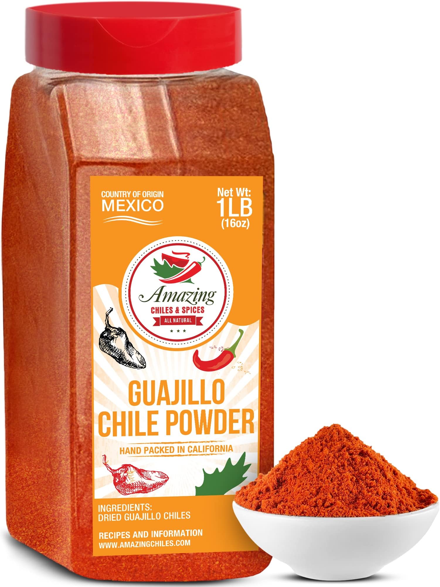 Guajillo Chile Powder Ground 1LB (16oz) – Natural and Premium. Great For Chili, Sauces, Stews, Salsa, Meat Rubs, Enchiladas, Mole and Tamales. Tangy Spicy-Sweet Flavor By Amazing Chiles & Spices
