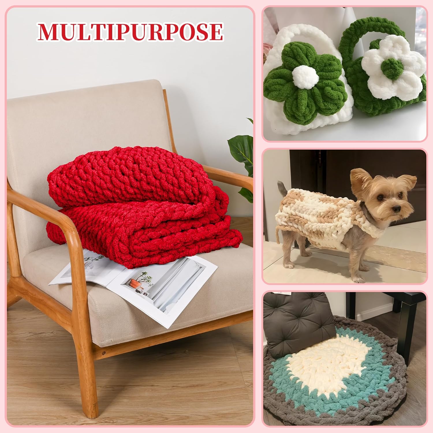 8 Packs Jumbo Chenille for Crocheting Knitting, Handcrafts & Blanket Yarn, Thick Velvet Plush Soft Yarn for Weaving Blankets