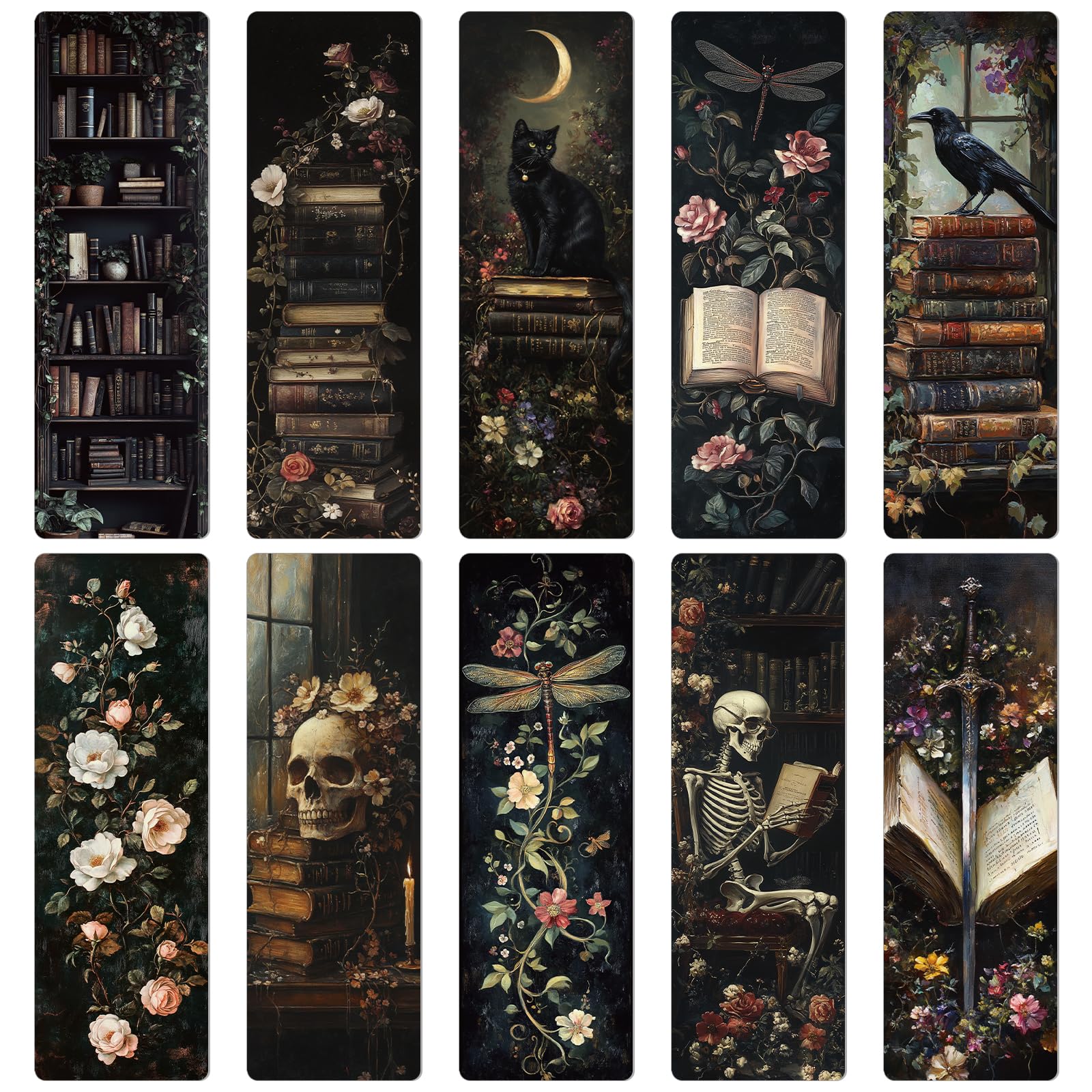 Wxiben Dark Romance Bookmarks Gifts - 20 Pcs Gothic Flower Bookmark Retro Aesthetic Book Mark Skull Plants Dragonfly Page Marker Clip Gift for for