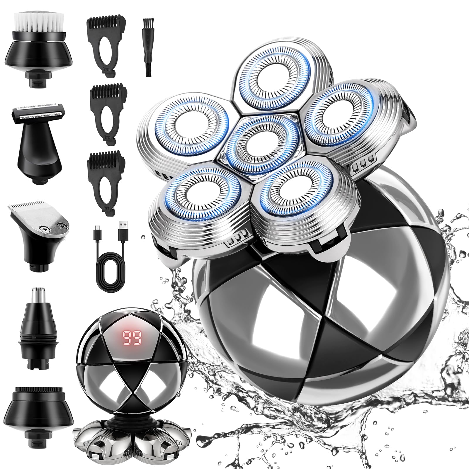 Head Shavers for Bald Men, BestMal 6 in 1 Electric Shaver Razor for Man, 6D Head Shaver, Wet/Dry Electric Bald Head Shavers for Man Rechargeable Mens Head Shaving Kit with Nose and Ear Hair Trimmer