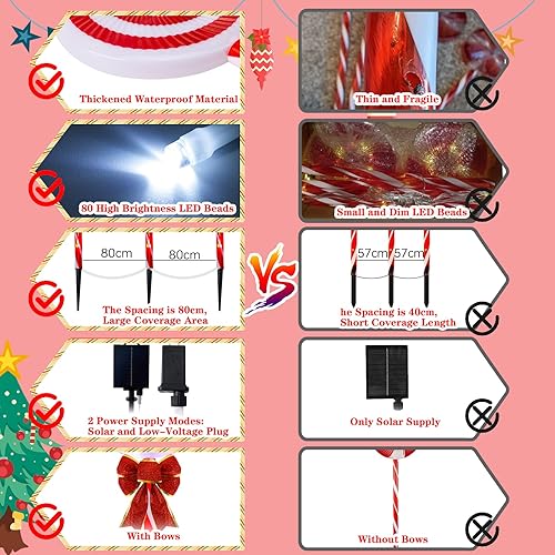 Miniatura 2 de Paquete de 4 luces de camino de piruleta de Navidad para exteriores con lazos, 80 luces LED solares de alto brillo, 8 modos, luces de paisaje