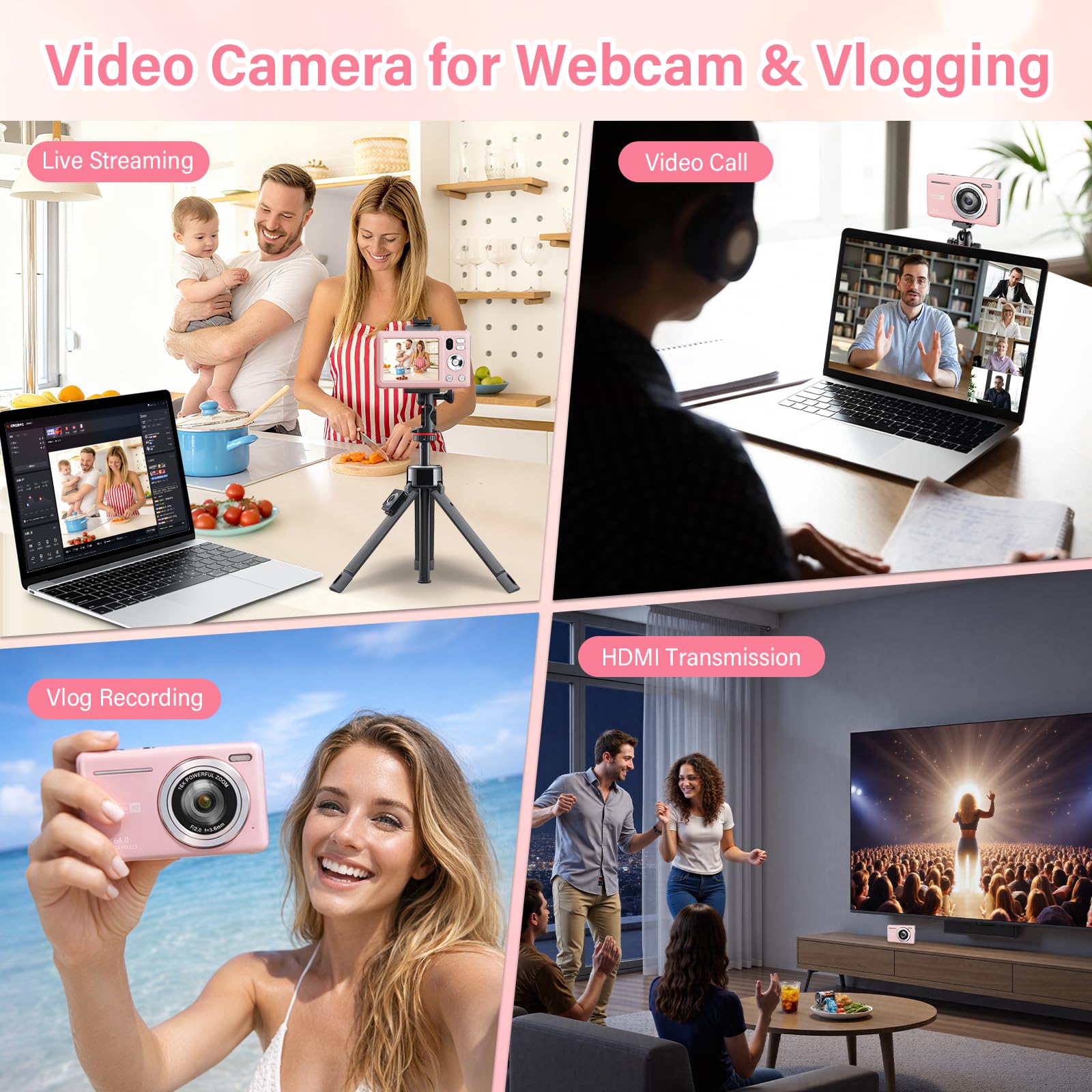 Macchina Fotografica Digitale 64MP 4K Fotocamera Digitale con Doppia Fotocamera, Zoom Digitale 16X, Macchina Digitale Compatta con Scheda da 32GB per Bambini Studenti Principianti (Rosa)