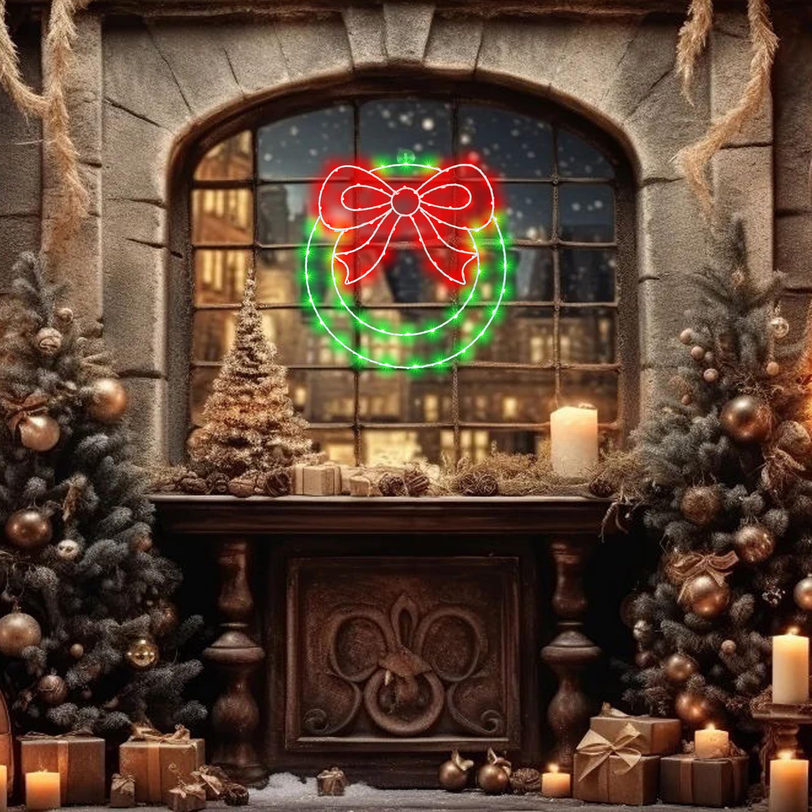 Zimati Lot de 2 guirlandes lumineuses de Noël de 34,3 cm à 82 DEL avec nœud, minuterie, télécommande USB, lumières de fenêtre pour porte, maison, fête de Noël