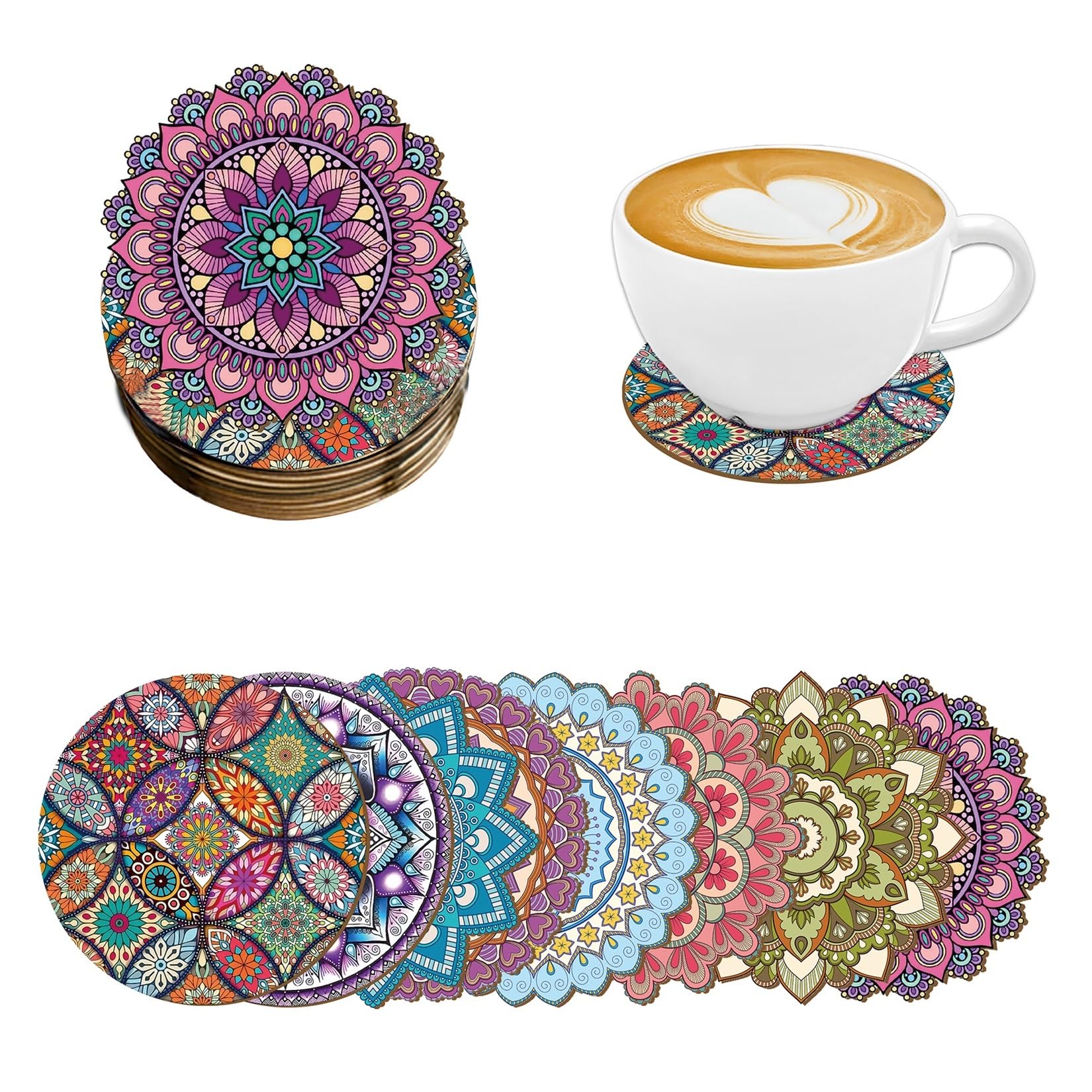 Wooden Round Coasters 8Pcs/Set Mandala Patterned Wooden Coasters