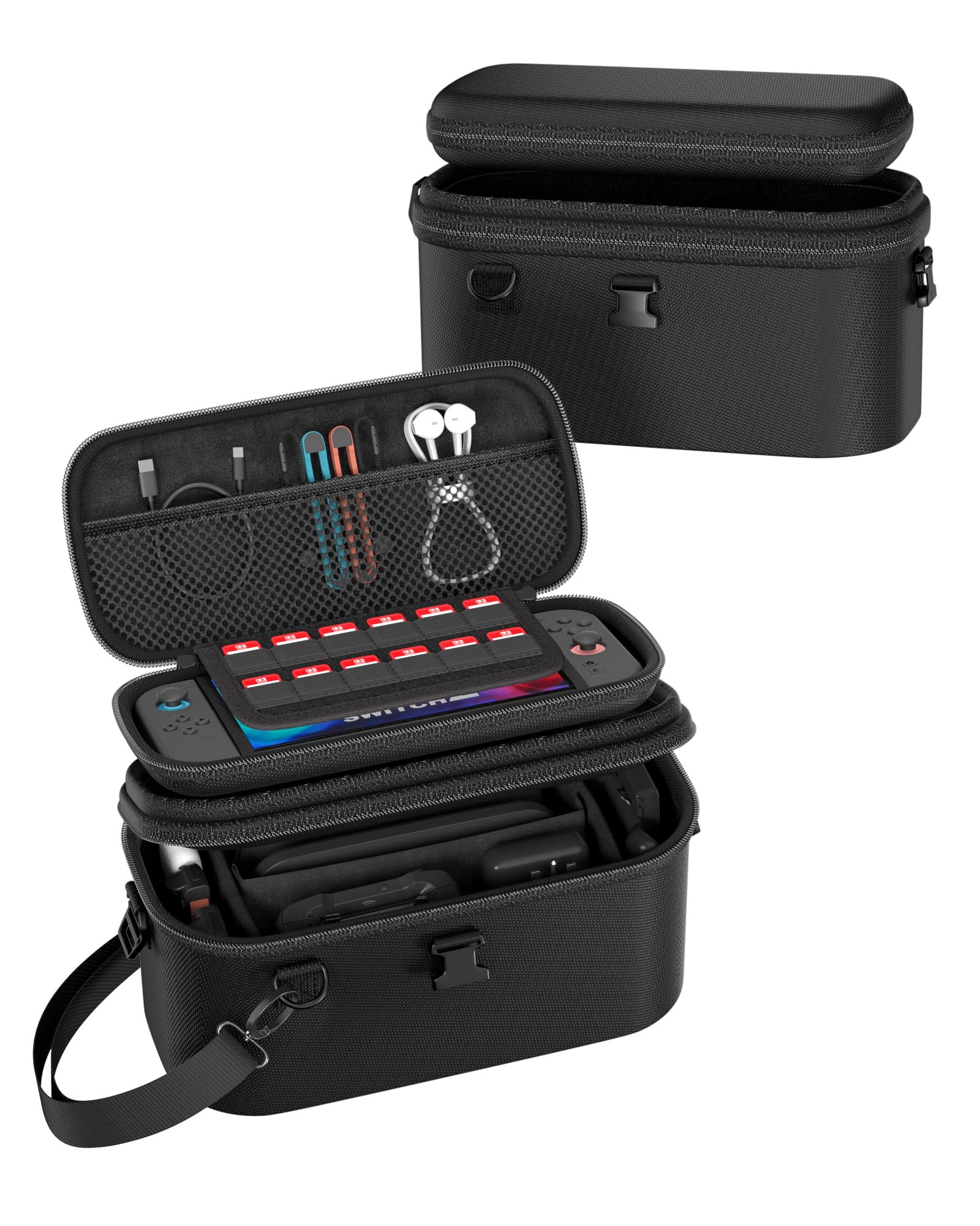 ProCase Housse Double Couche pour Nintendo Switch 2 2025 7.9", Grand Sac de Transport pour Console Switch 2 et ses Accessoires Complets, Étui Rigide de Voyage, Design Détachable avec Bandoulière -Noir