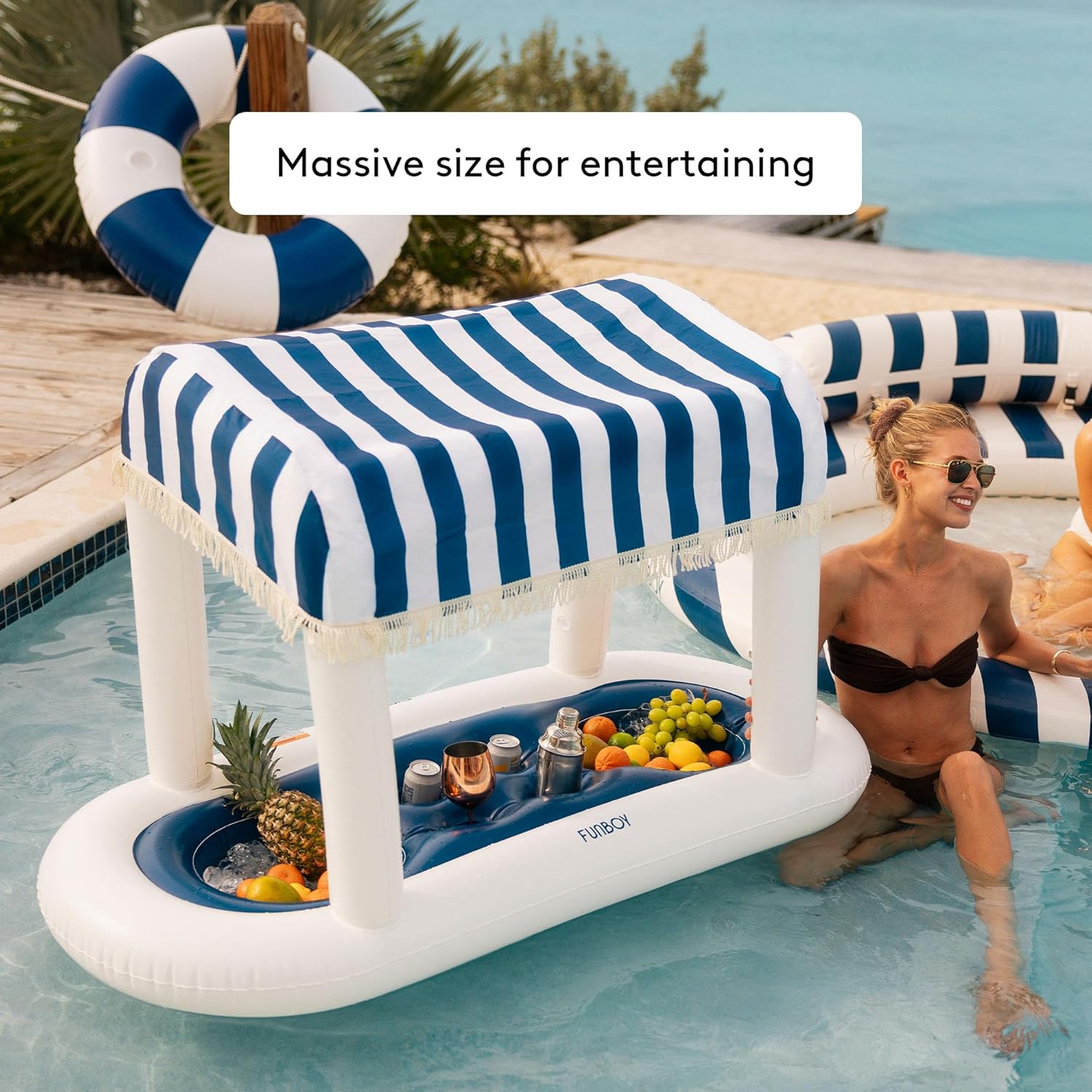 FUNBOY Giant Floating Navy Cabana Stripe Drink Station, Removable Fabric Shade with Fringe, Perfect for Parties, Table-Top Decorations and in-Pool Refreshments.