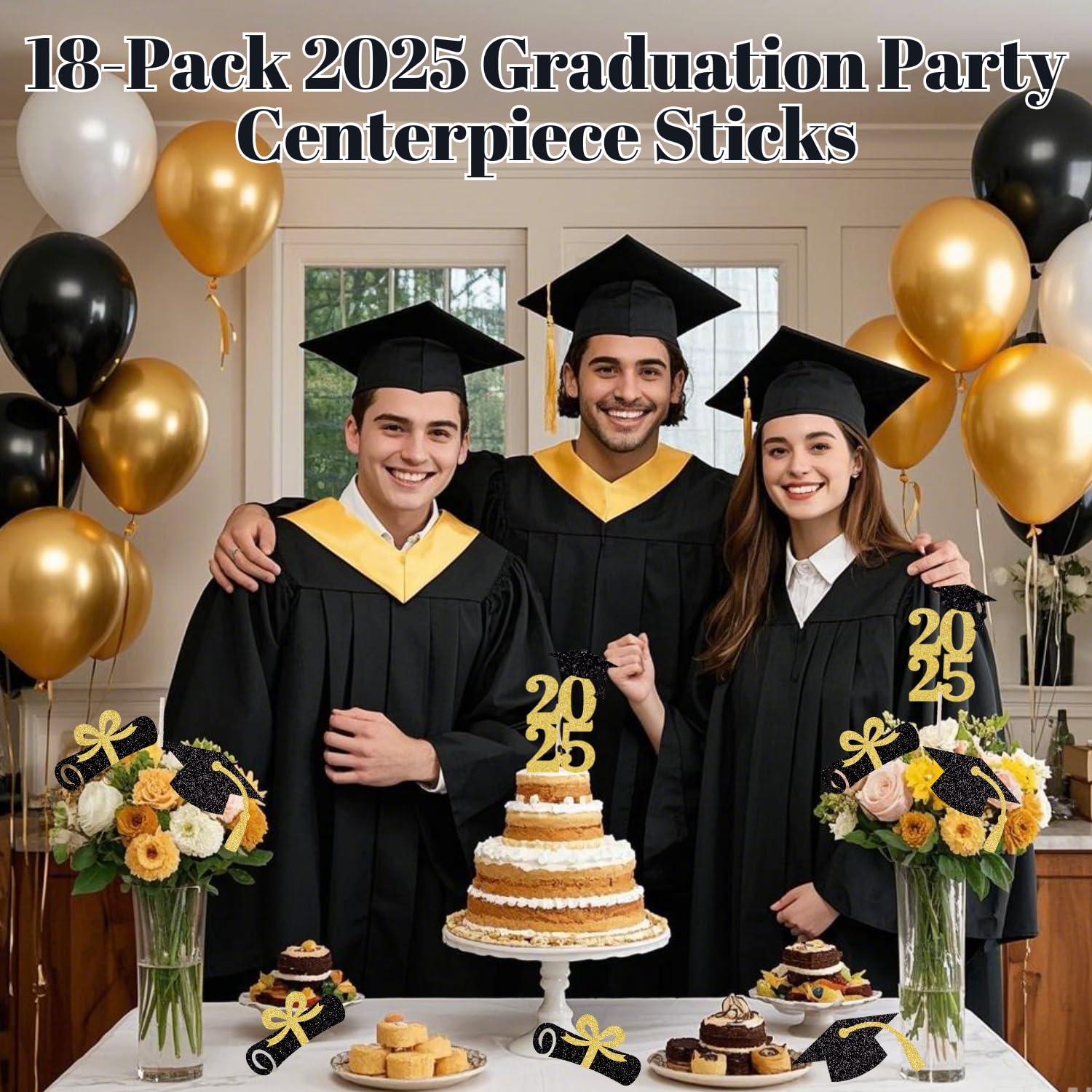 ALISSAR 18-Pack Double Sided 2025 Graduation Party Centerpiece Sticks-Graduation Decorations Class of 2025 (gold)