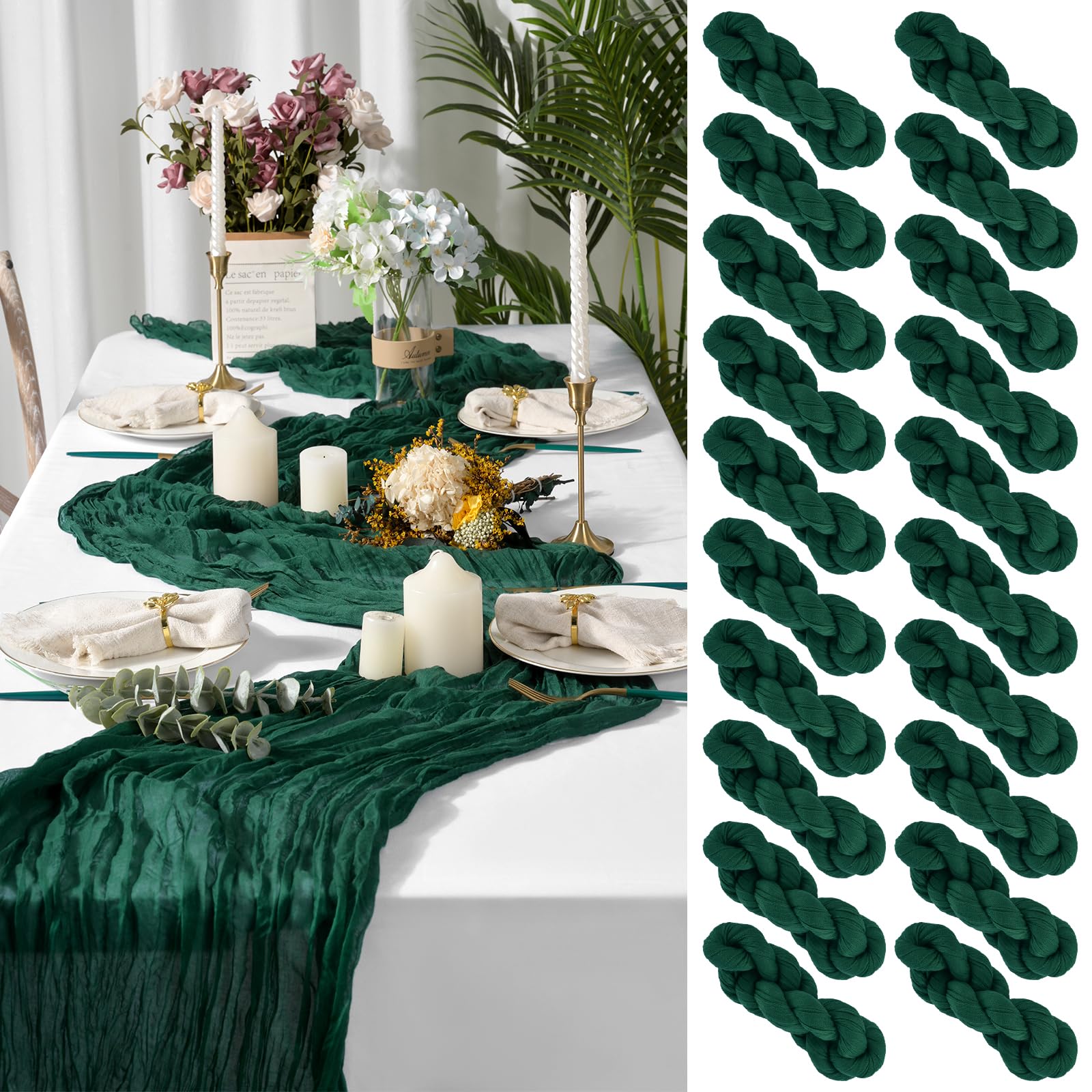 50 Packs Cheesecloth Table Dark Green, 72in Emerald Green Boho Gauze Table Runner, Wedding Table Decor Romantic Cheese Cloth Fall Table Runner for Wedding Party Bridal Shower Table (35x72 in)