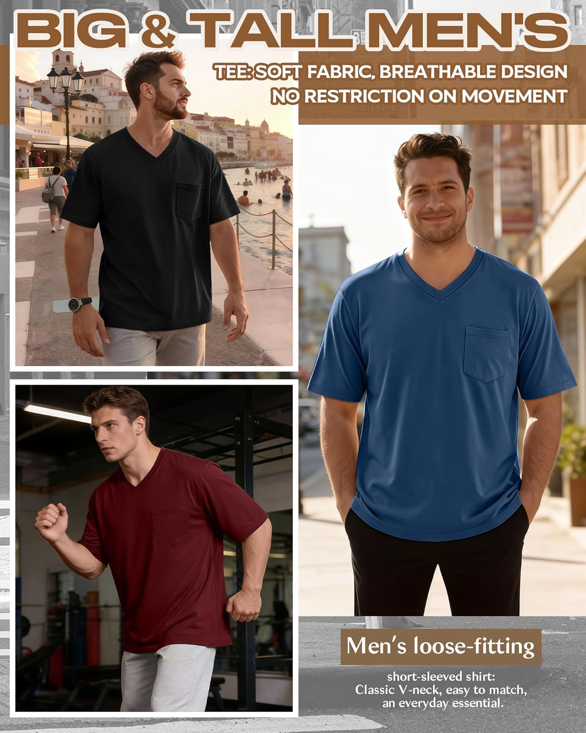 Ficerd 3 Pack Men's V Neck T Shirts Short Sleeve Plus Size Tee Loose Casual Top Cotton Basic Oversized Shirts with Pocket - Image 3