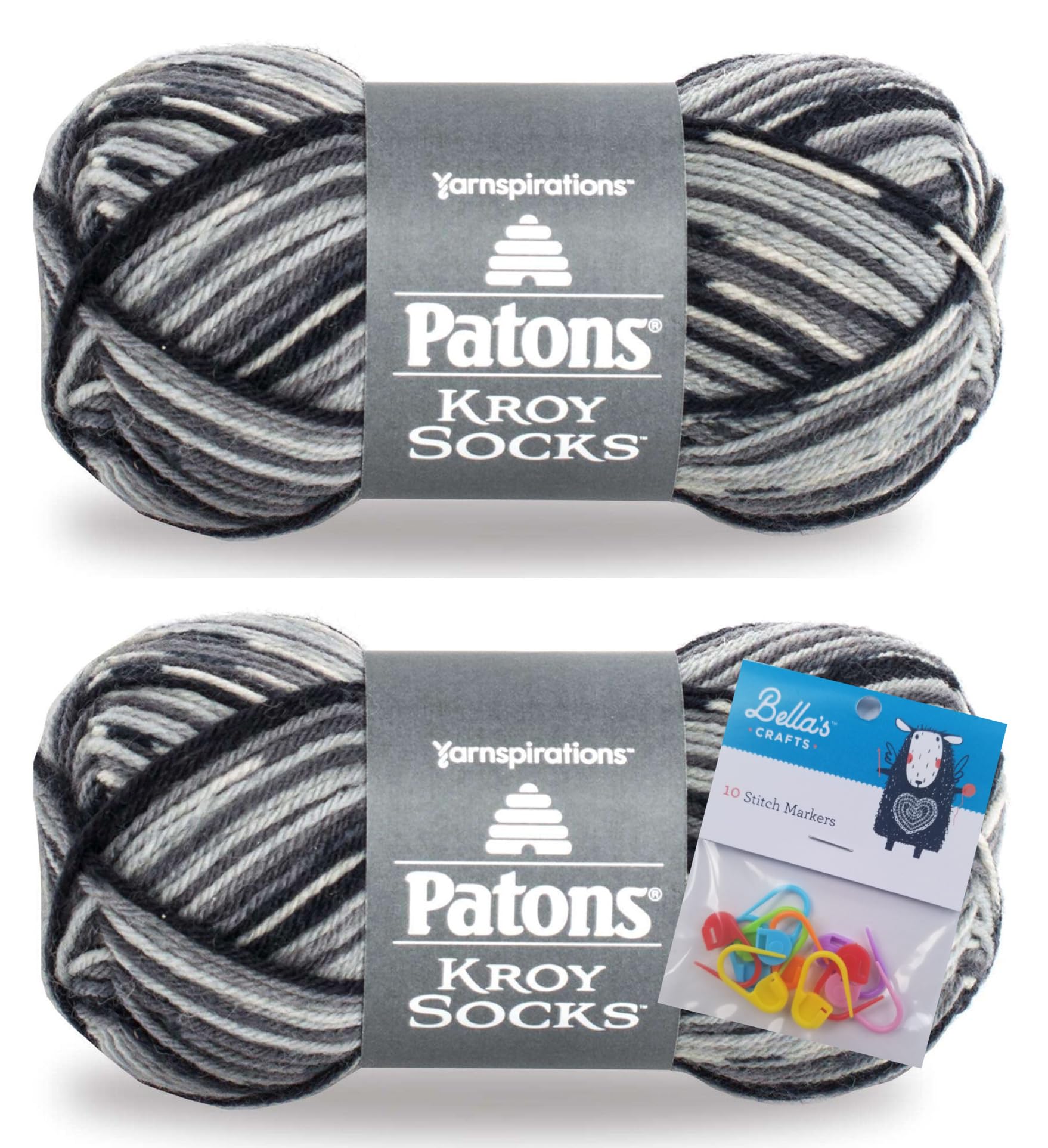 Bella's CraftsPatons Kroy Socks Yarn 2-Pack Bundle with Bella's Crafts Stitch Markers (Slate Jacquard)