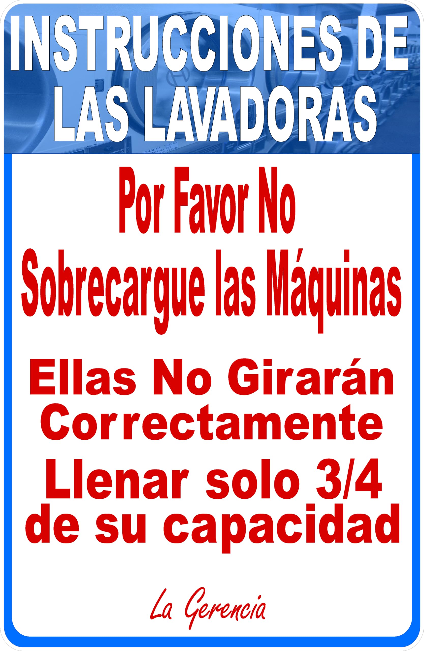 (2 Pack) Spanish Washing Machine Instructions Do Not Overload Sign 8" X 12"