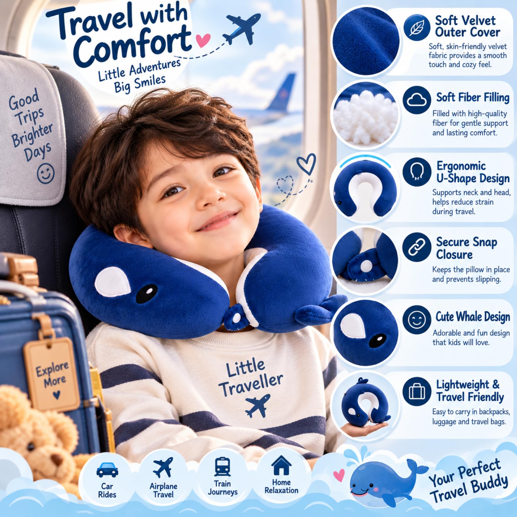 Kids Whale Travel Neck Pillow - Soft & Comfortable -4