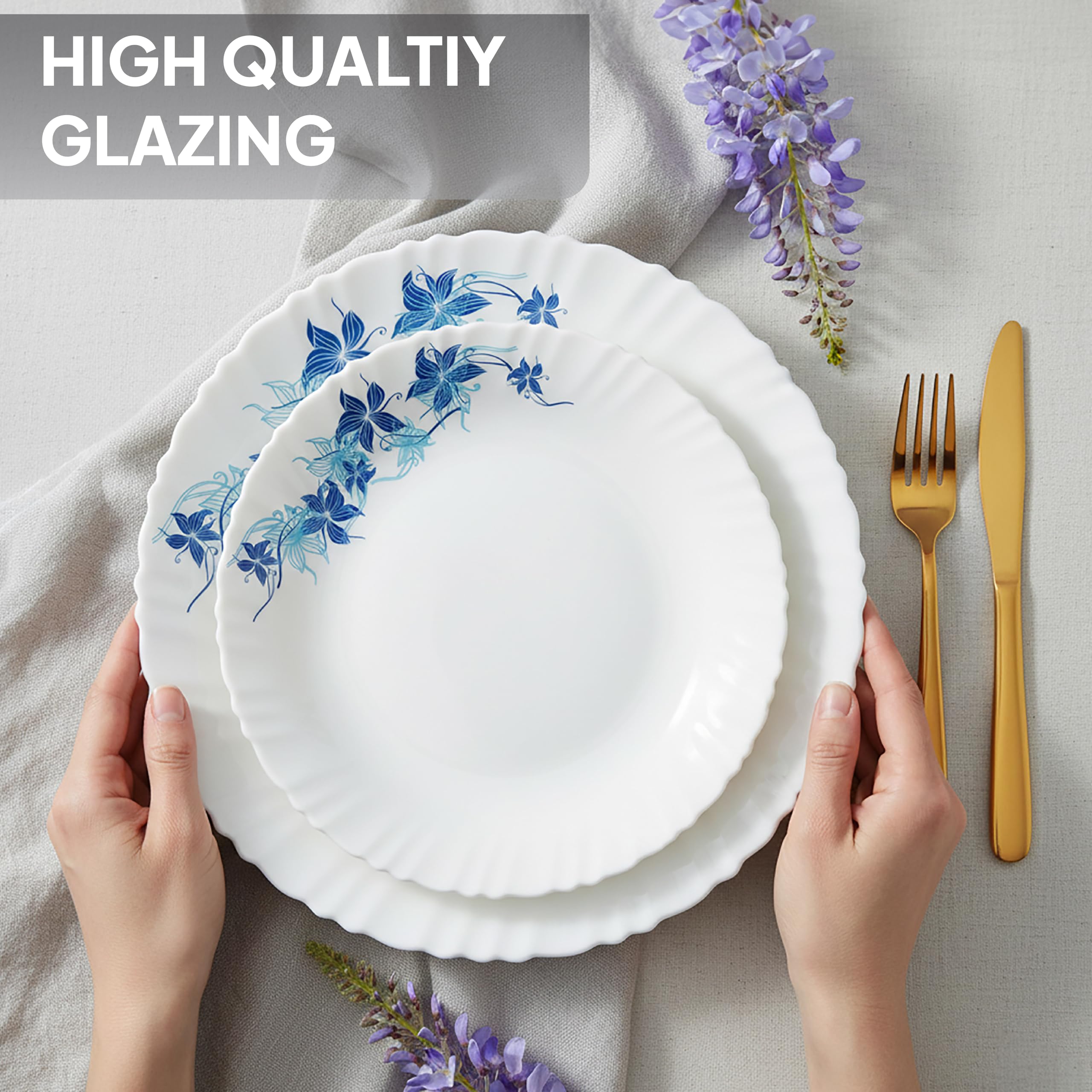 CELLO Blue Swirl Dazzle Series Opalware Dinner Set of 35 Pieces for Family of 6 | Bone-Ash Free & Leadfree Opal Glass, Microwave & Dishwasher Safe, Plates & Bowls Crockery Set for Dining & Gifting 1