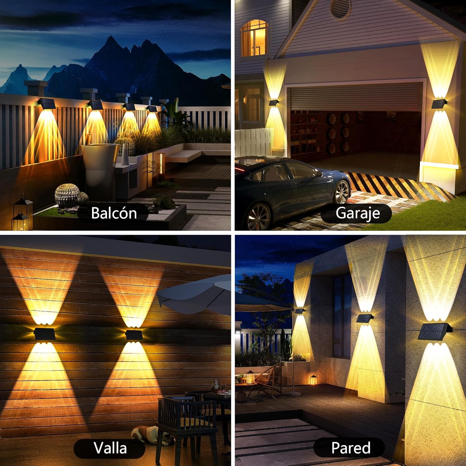 Aplique solar exterior, luces solares exterior para iluminación superior e inferior 6 LEDs, IP67 impermeable para jardín balcón Terraza luz solar exterior, blanco cálido Pack de 6 Unidades
