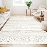 Large Living Room Area Rug 5x7: Soft Machine Washable Boho Moroccan Farmhouse Rugs for Bedroom Under Dining Table - Non-Slip Neutral Morden Indoor Floor Carpet for Home Office - Brown/Cream